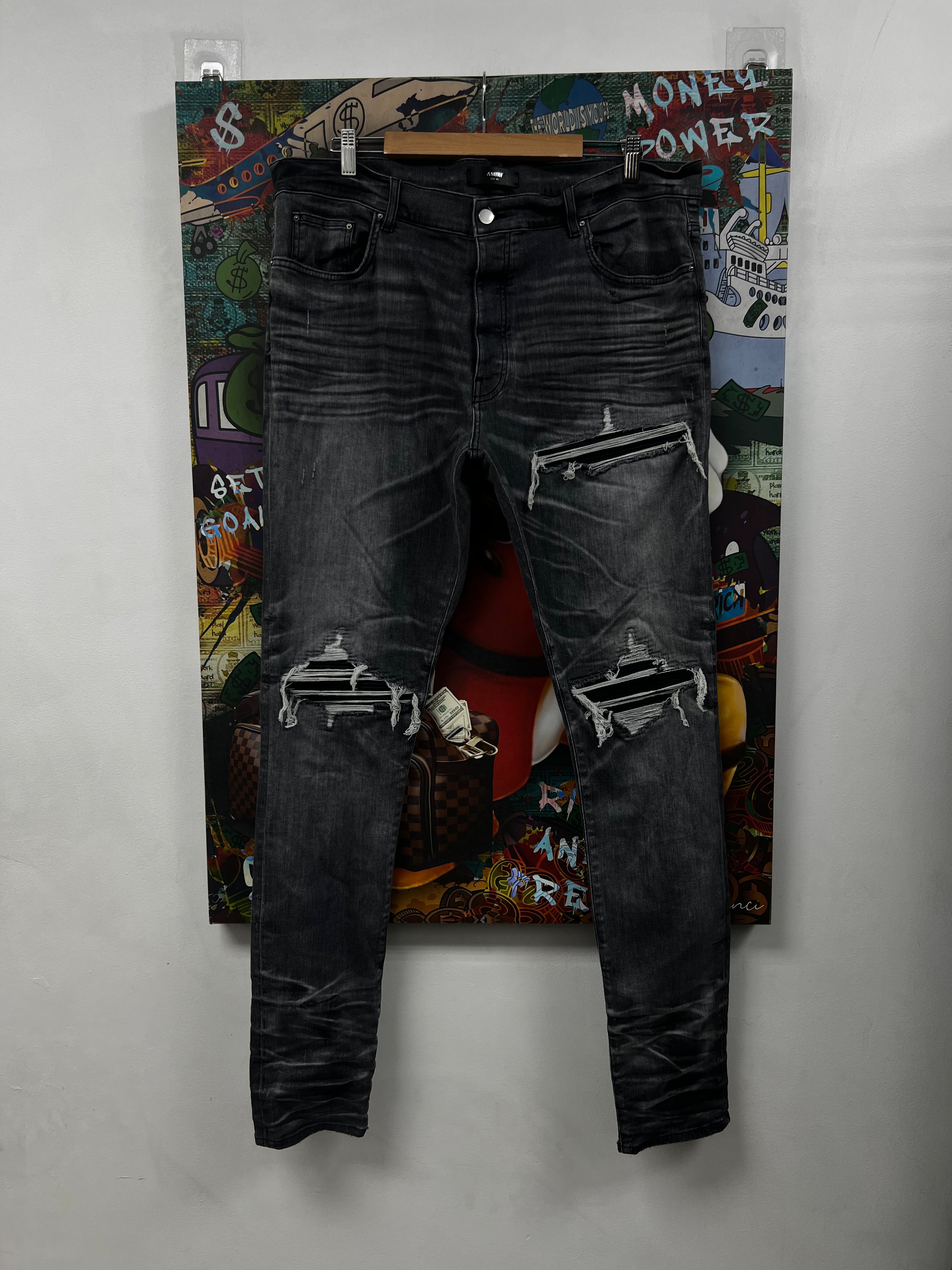 Amiri MX1 Storm Grey Black Suede Patch Jeans