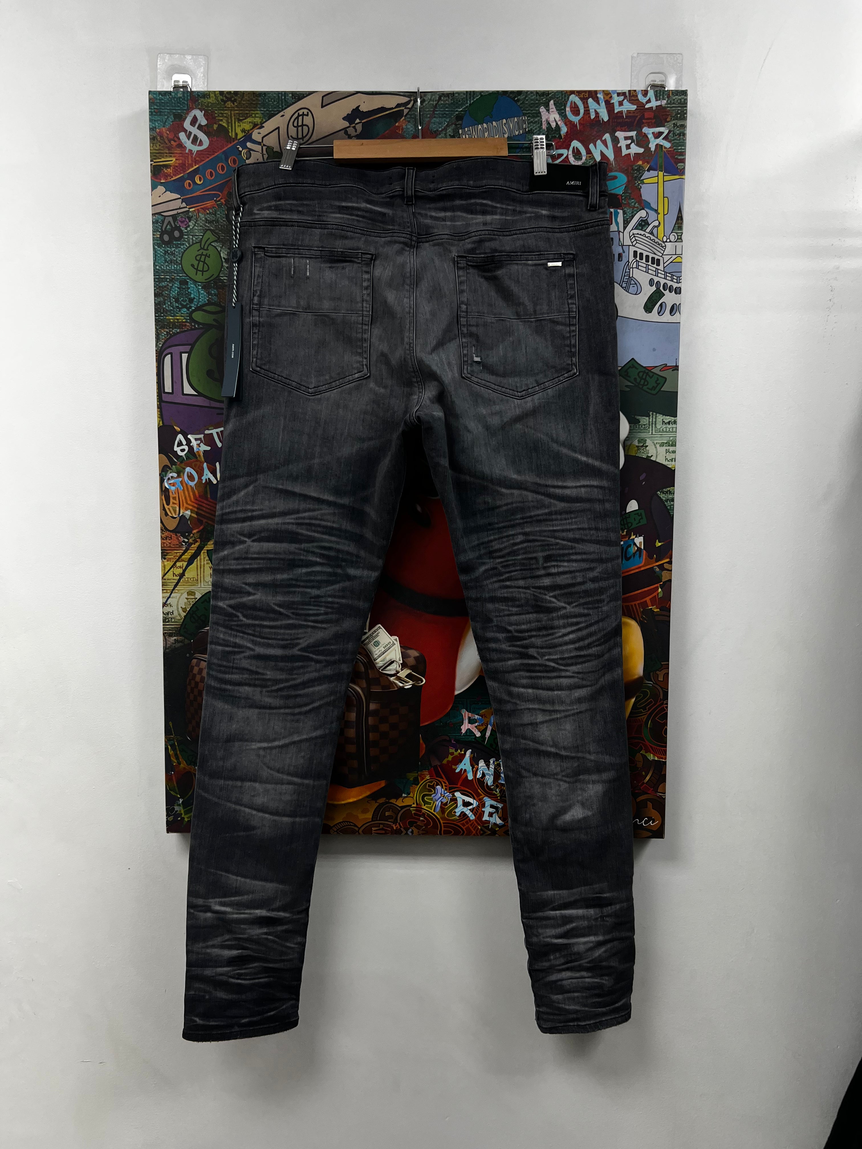 Amiri MX1 Storm Grey Black Suede Patch Jeans