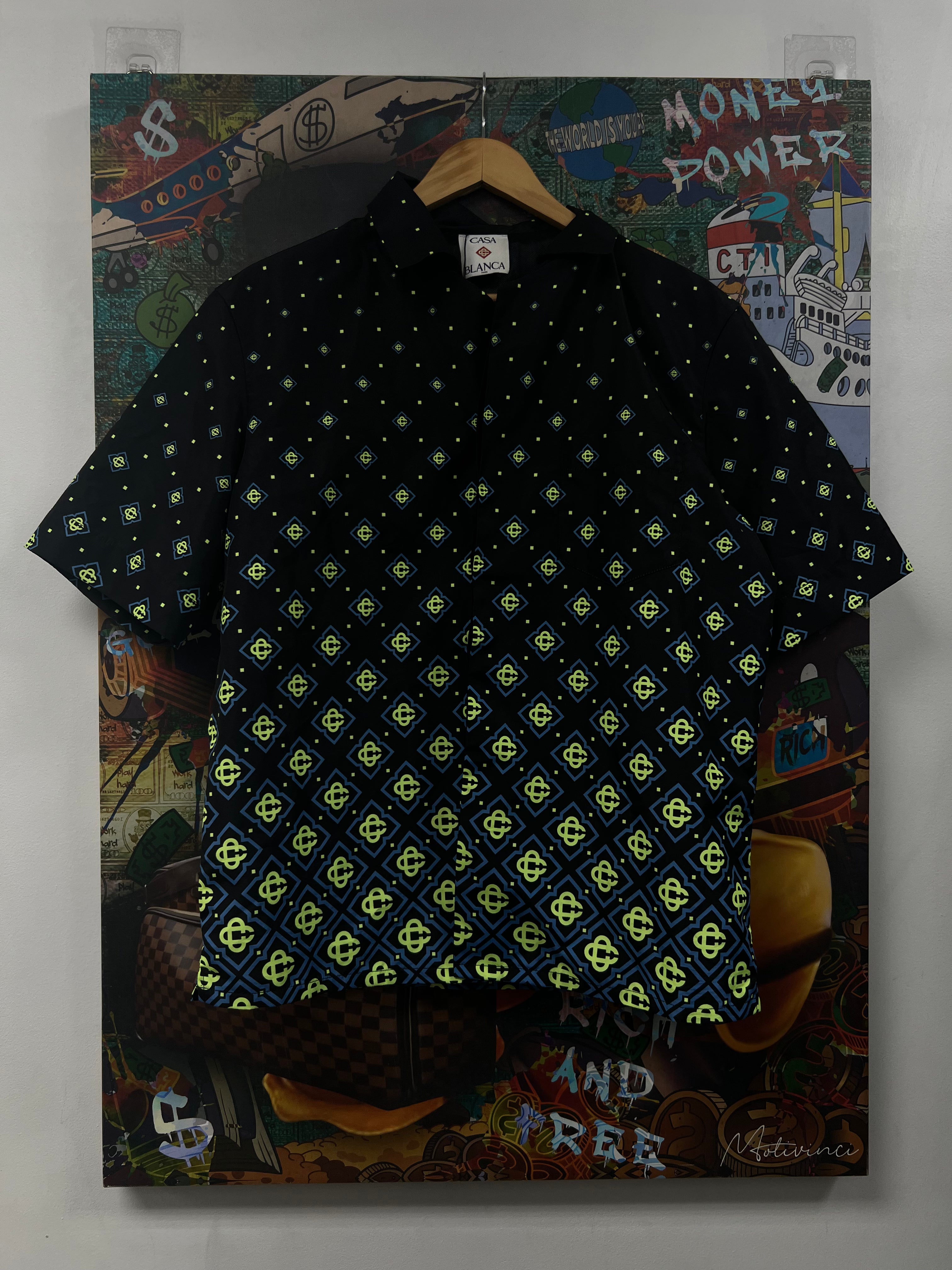 Casablanca Blue Neon Monogram Silk Button Up Shirt