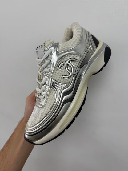 Chanel CC Logo Runner White Silver Used With Box