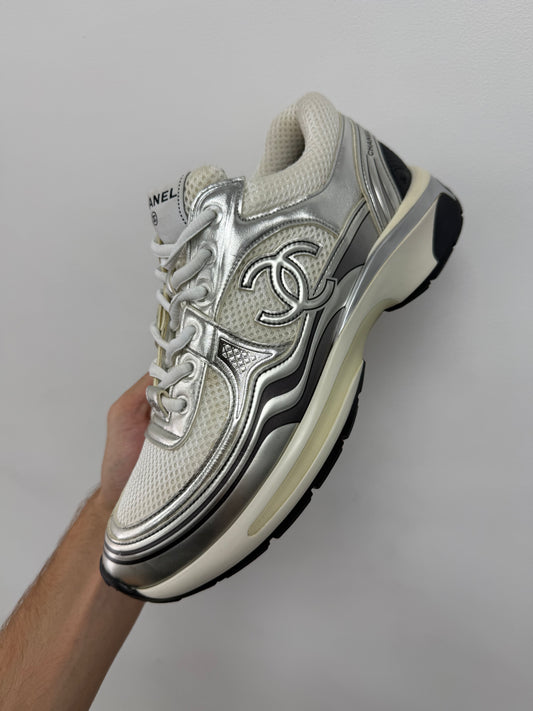 Chanel CC Logo Runner White Silver Used With Box