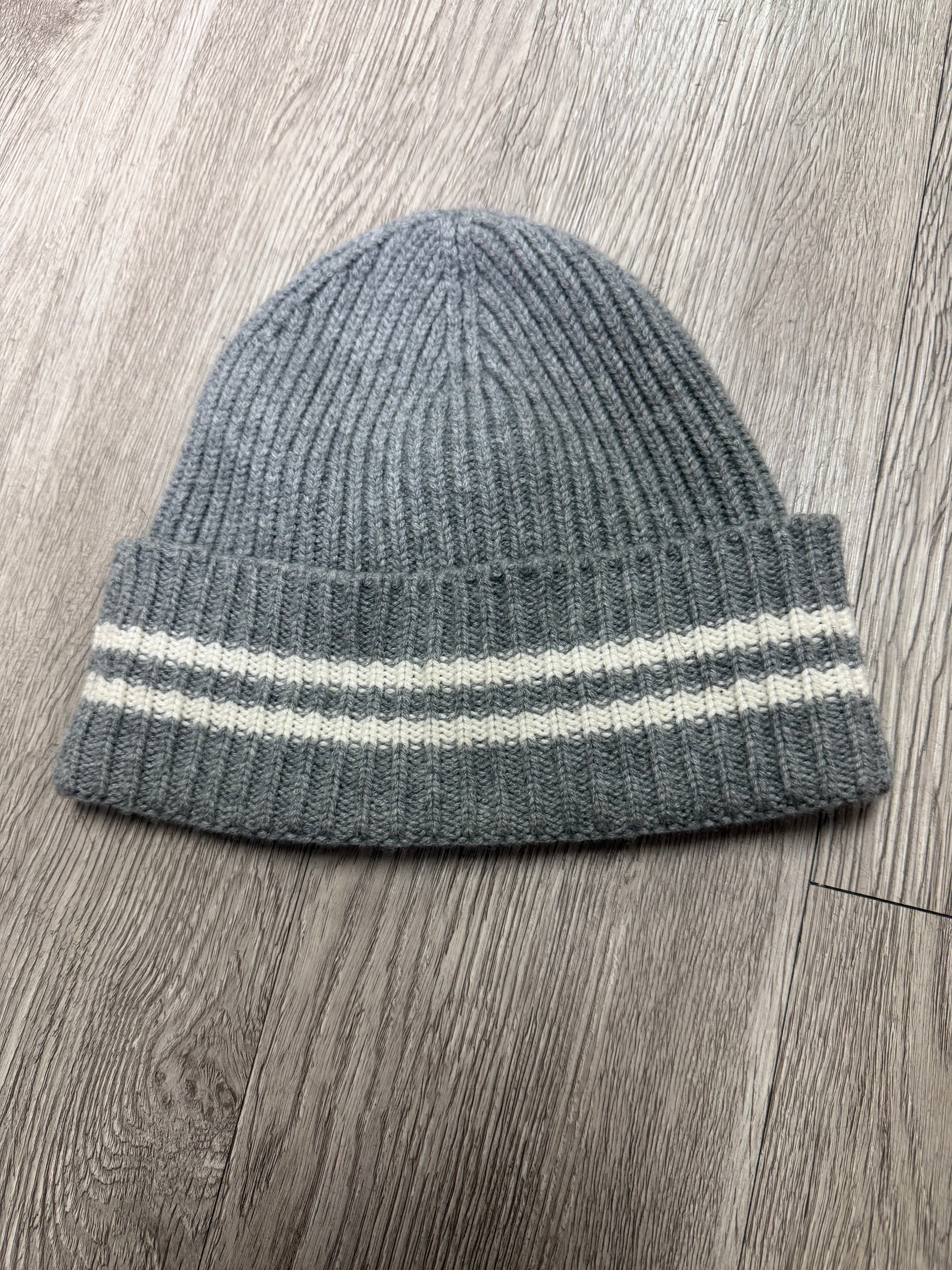 Chanel Grey Black Cream Stripe Script Beanie