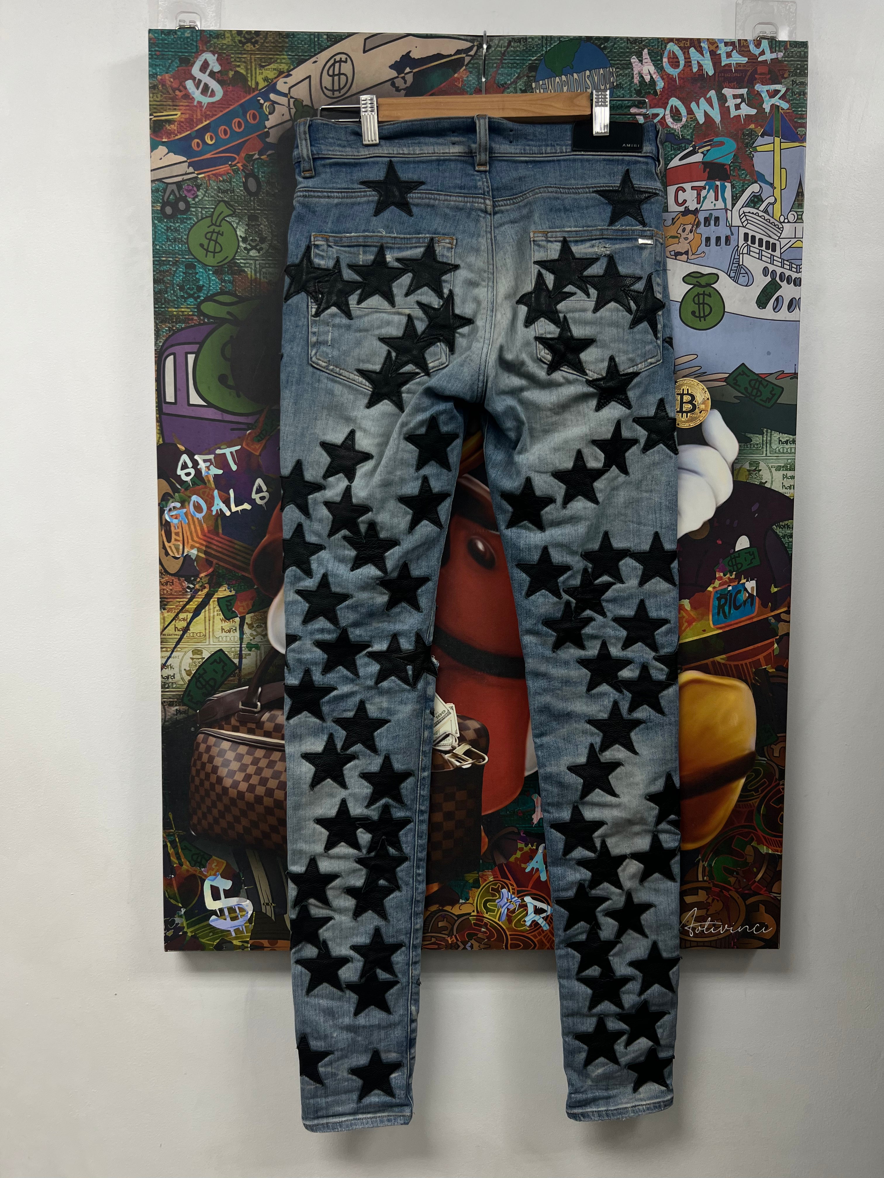 Amiri Light Wash Black Leather Chemist Stars Jeans