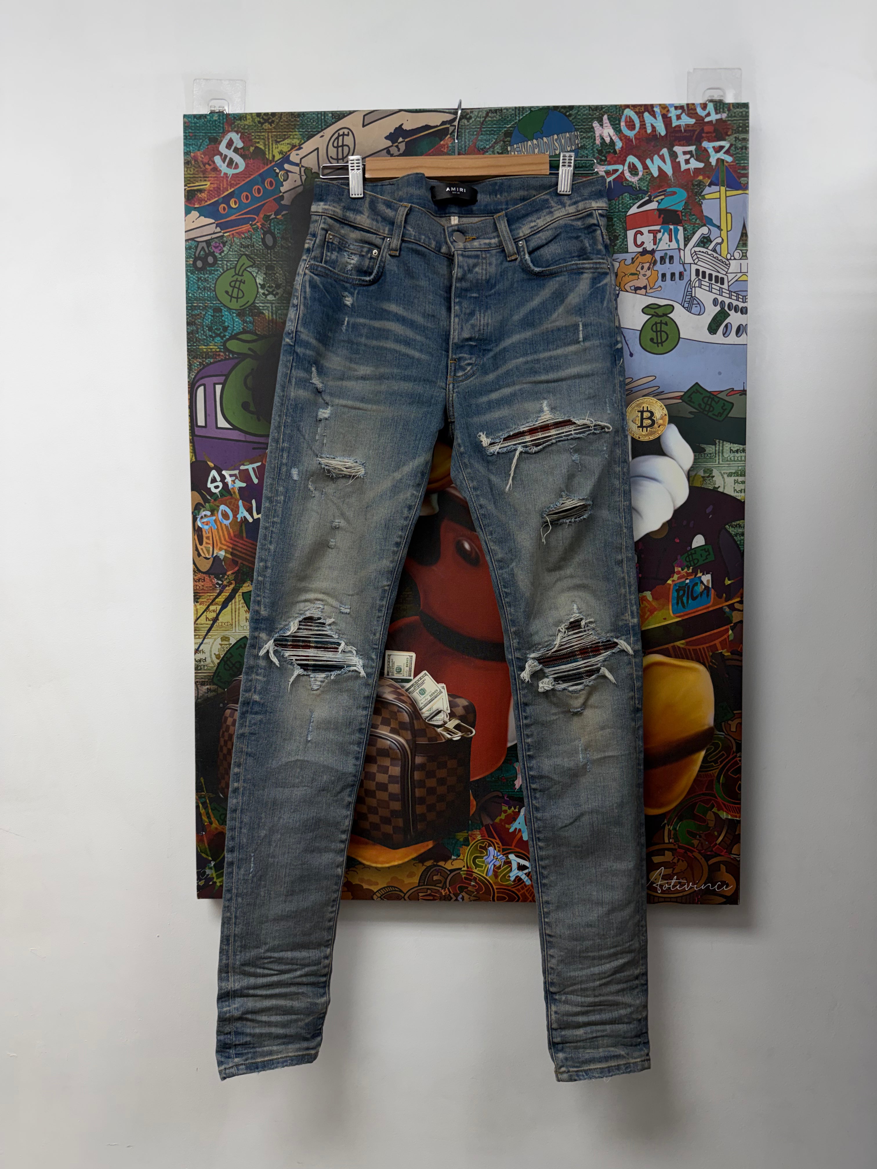 Amiri MX1 Light Wash Plaid Patch Jeans