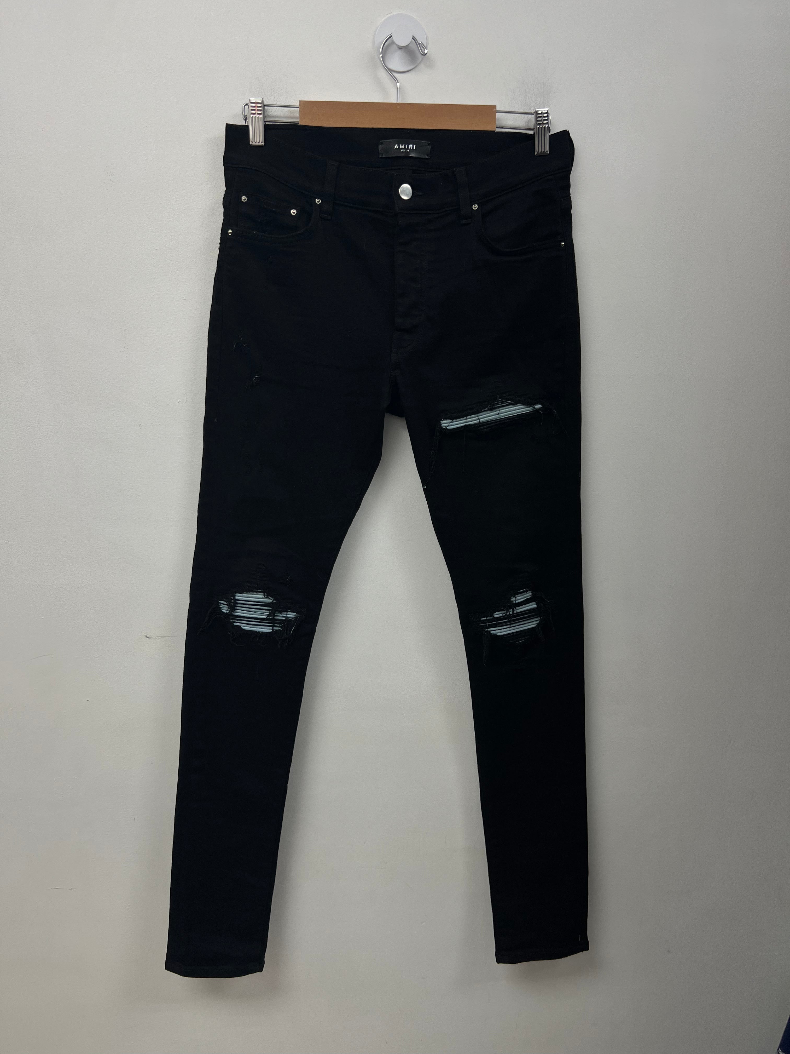 Amiri MX1 Black Baby Blue Suede Patch Jeans