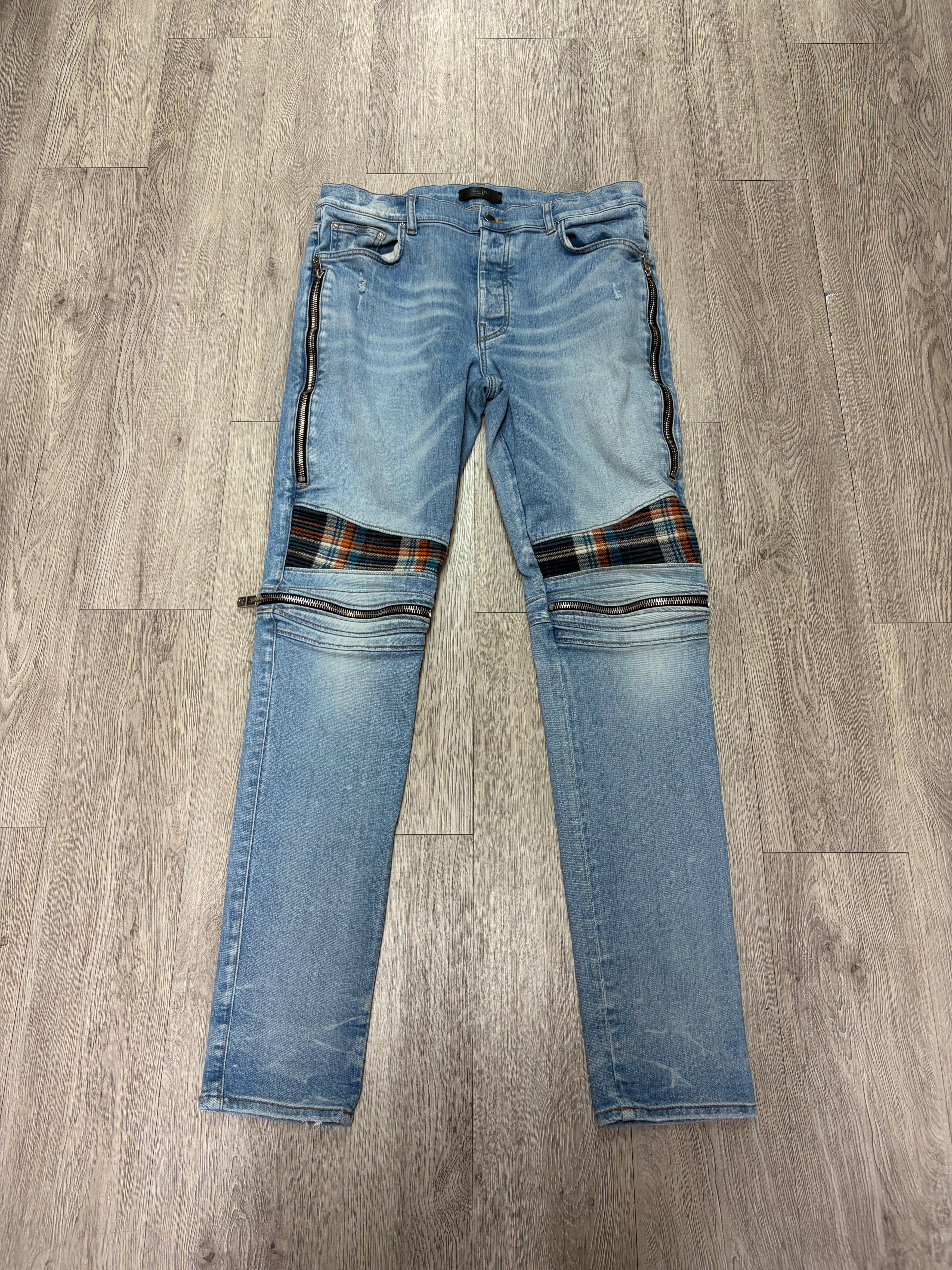 Amiri MX2 Light Wash Blue Orange Plaid Patch Jeans