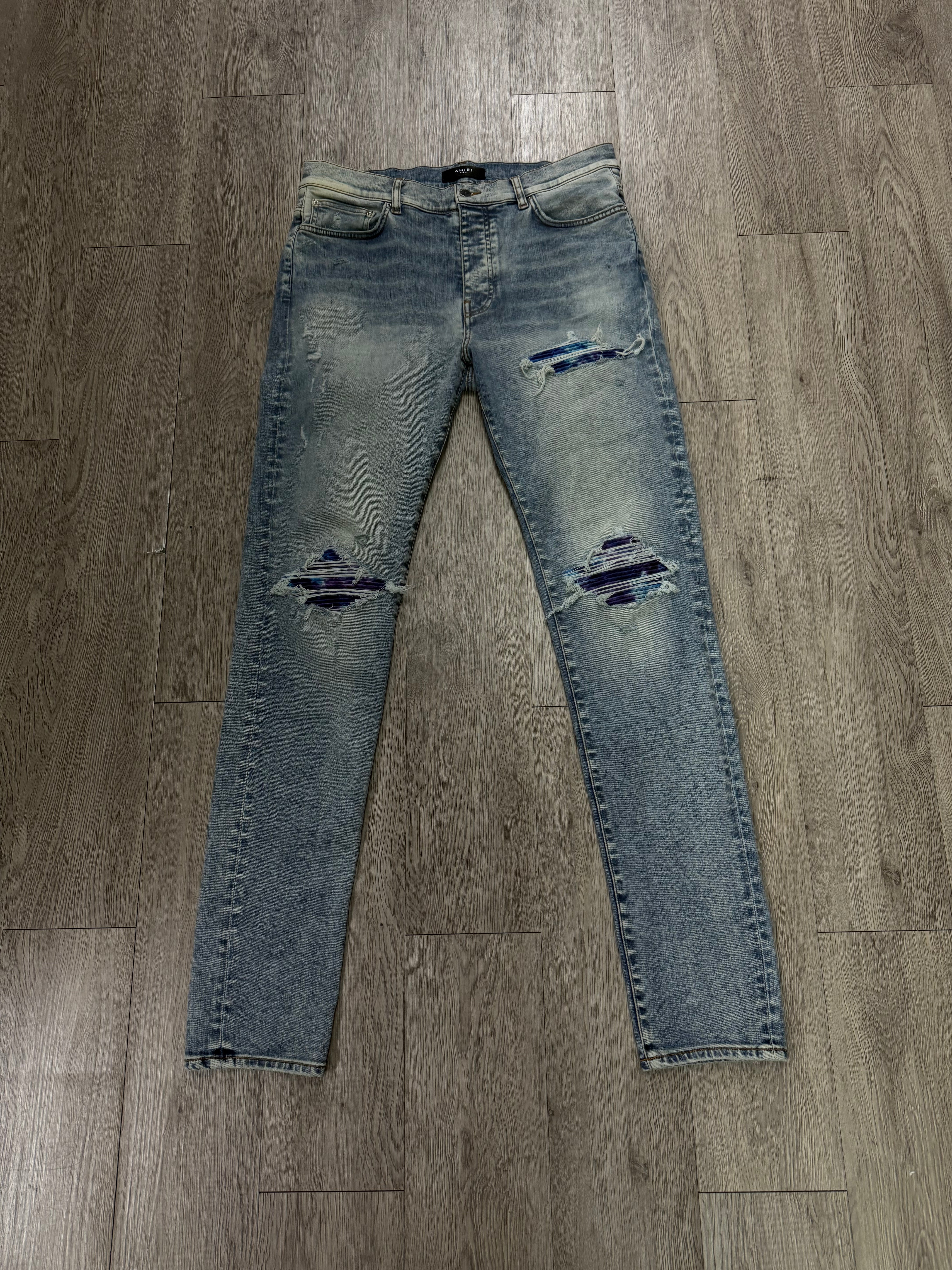 Amiri MX1 Light Wash Aqua Patch Jeans