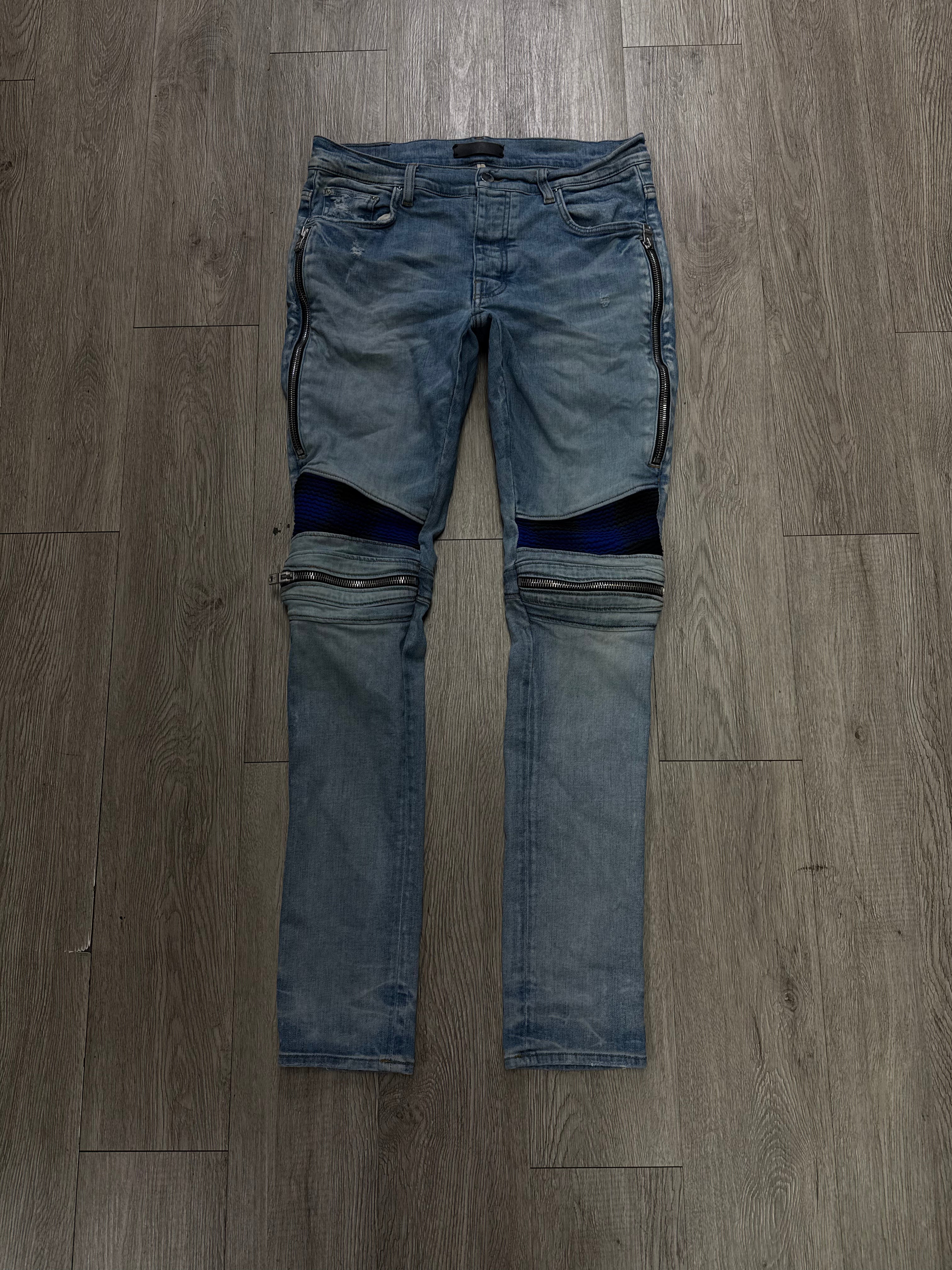 Amiri MX2 Light Wash Blue Black Plaid Patch Jeans