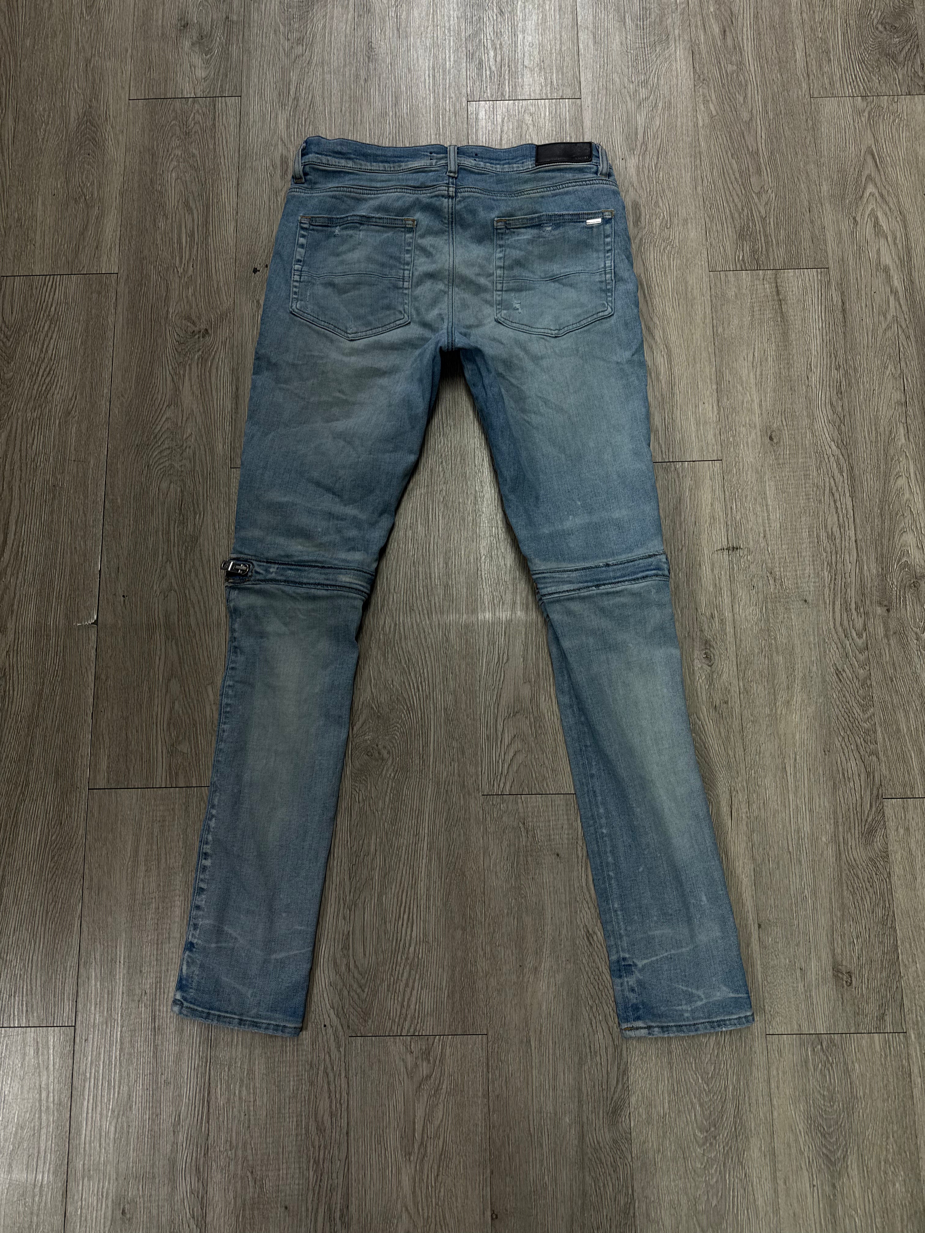 Amiri MX2 Light Wash Blue Black Plaid Patch Jeans