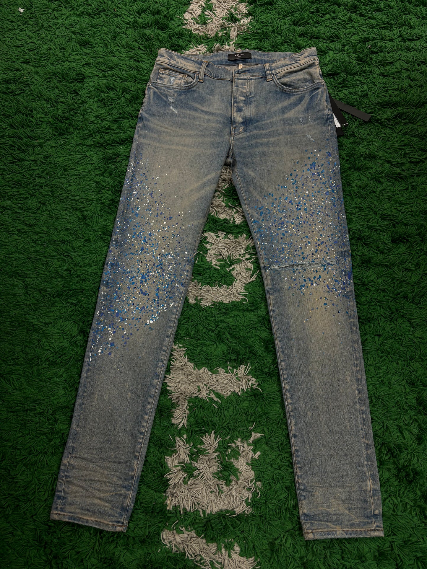 Amiri Crystal Splatter Jeans Light Wash New 34 With Tags