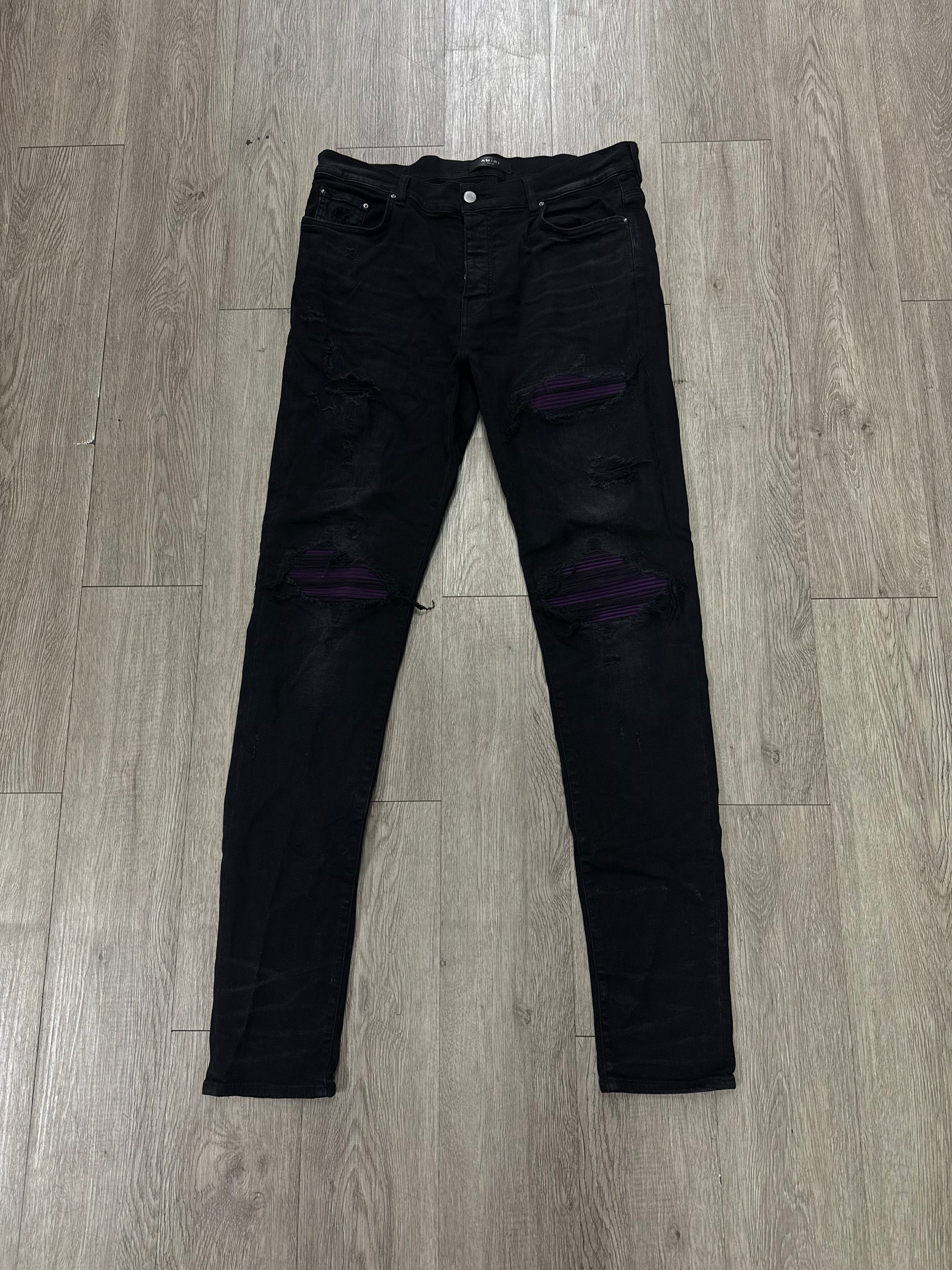Amiri MX1 Black Wash Purple Suede Patch Jeans