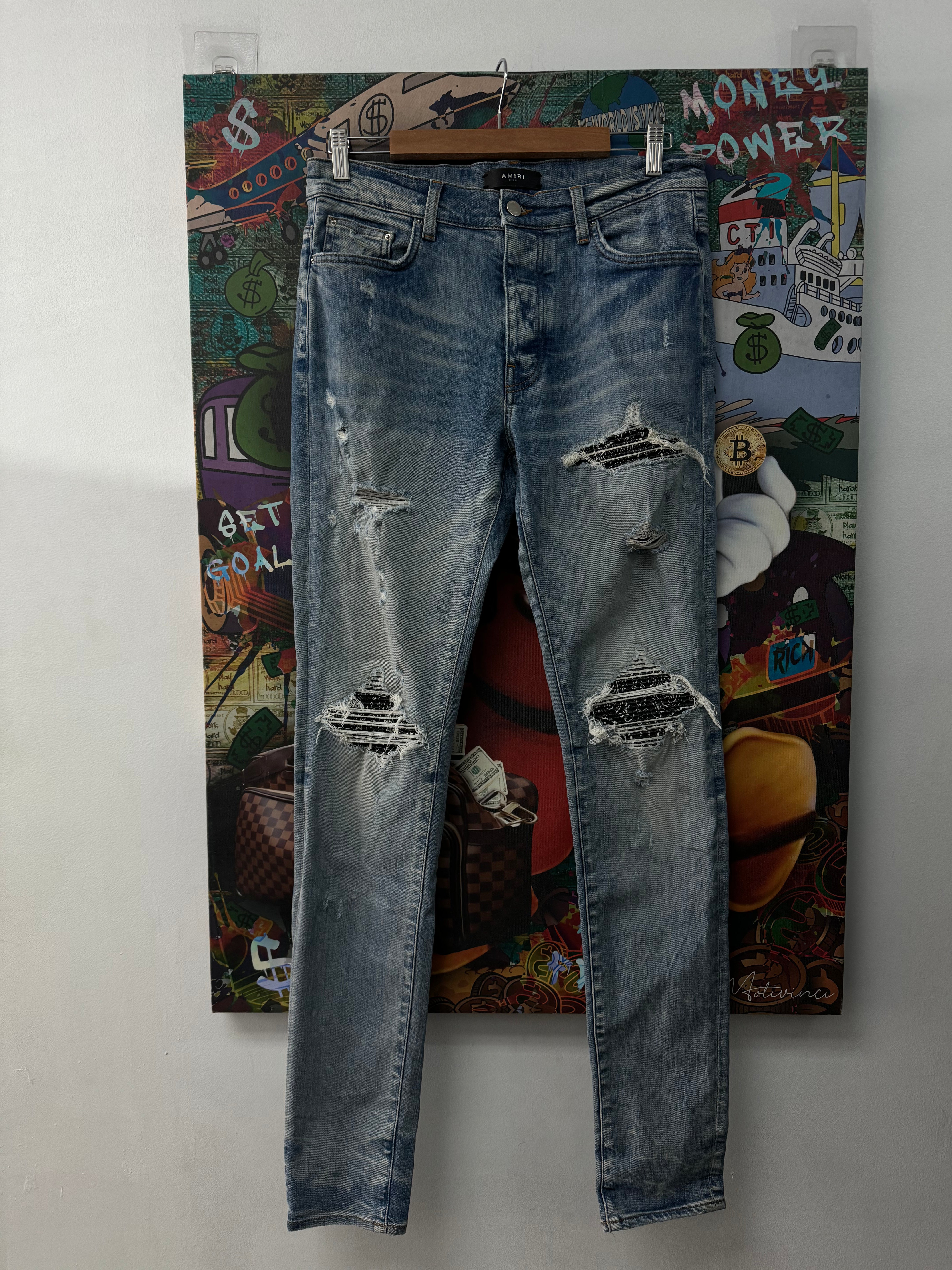 Amiri Mx1 Light Wash Bandana Patch Jeans