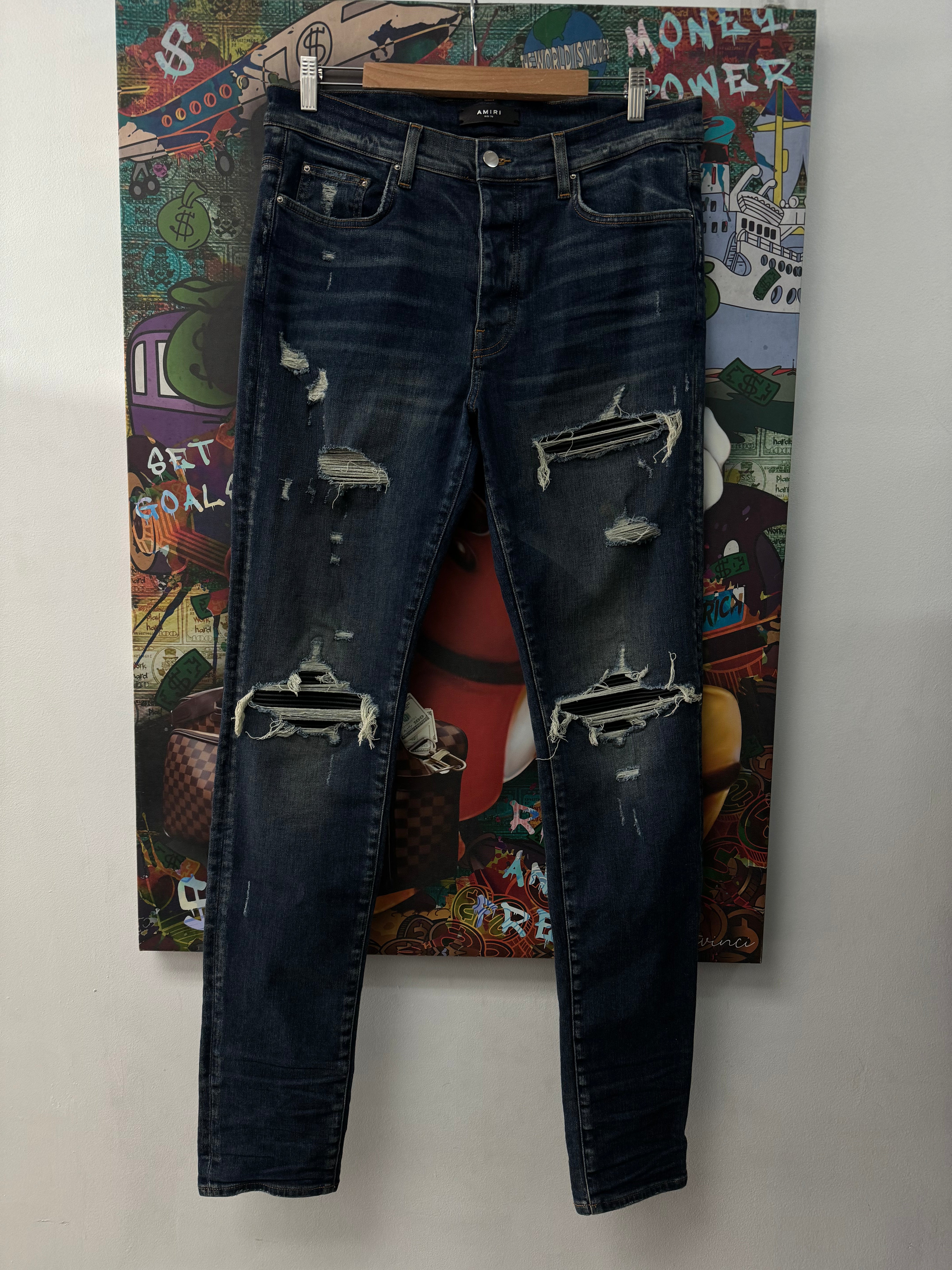 Amiri MX1 Dark Wash Black Patch Jeans