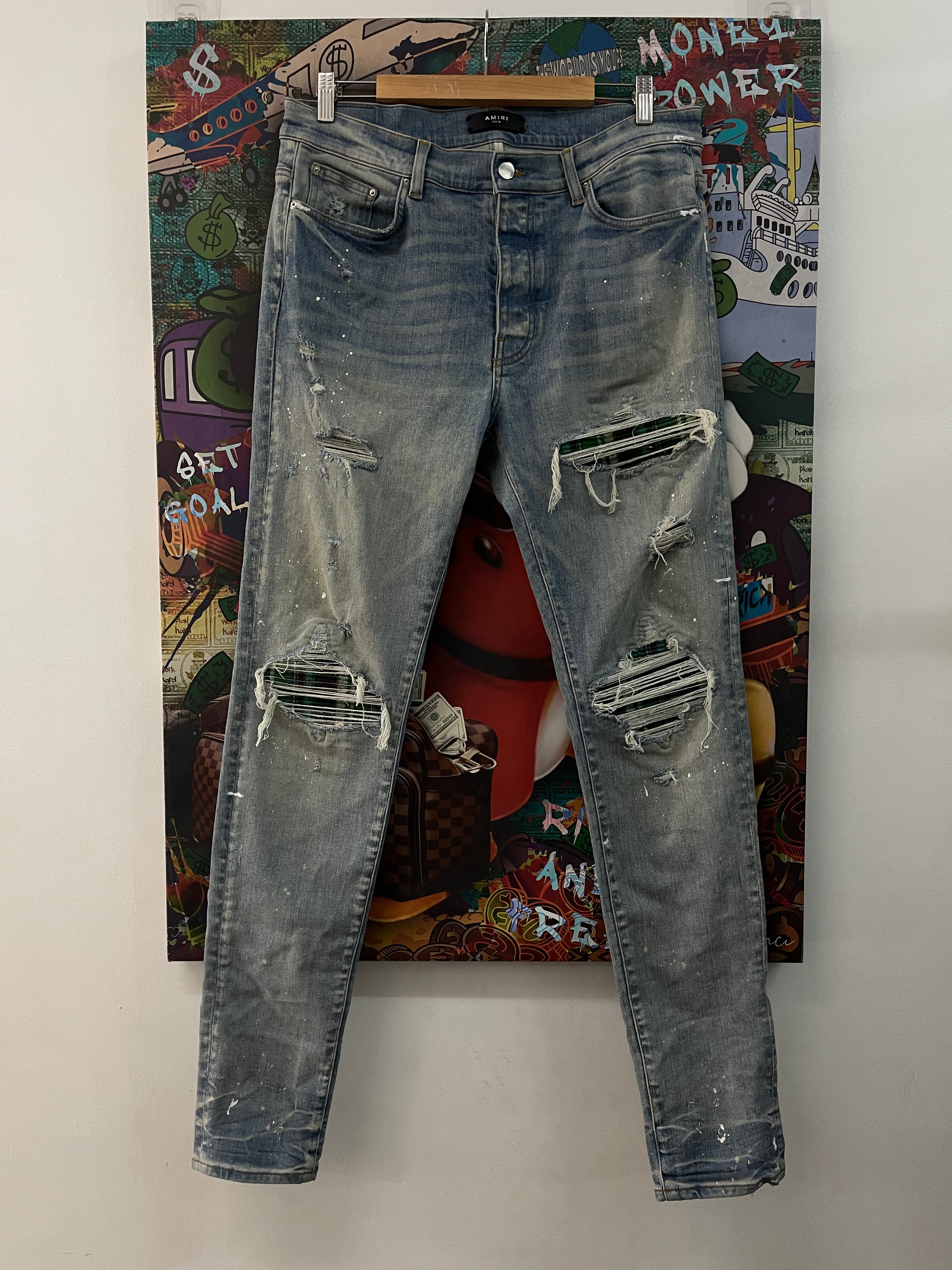 Amiri Light Wash Green Plaid Patch MX1 Jeans