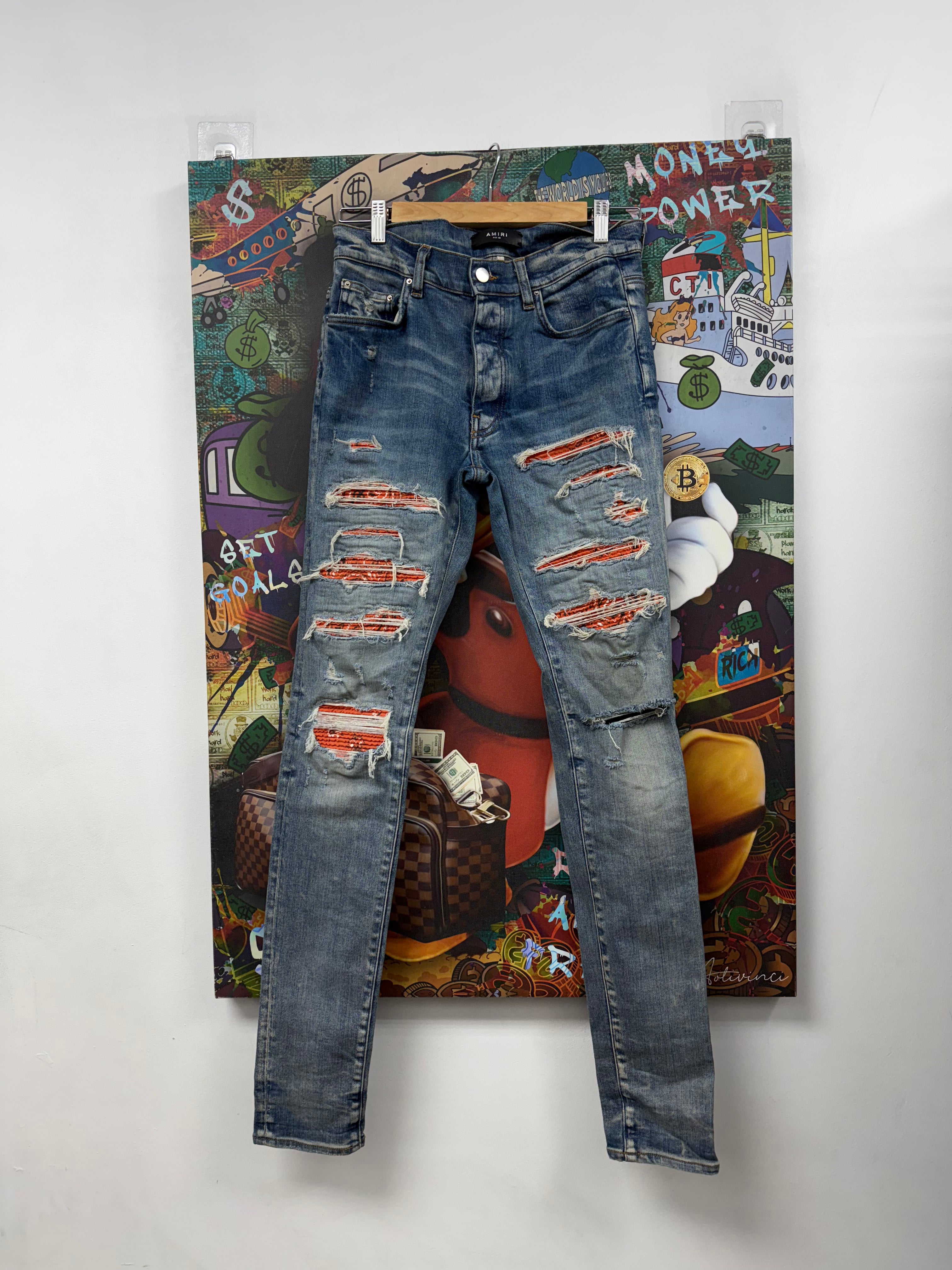 Amiri Light Wash Orange Bandana Thrasher Jeans