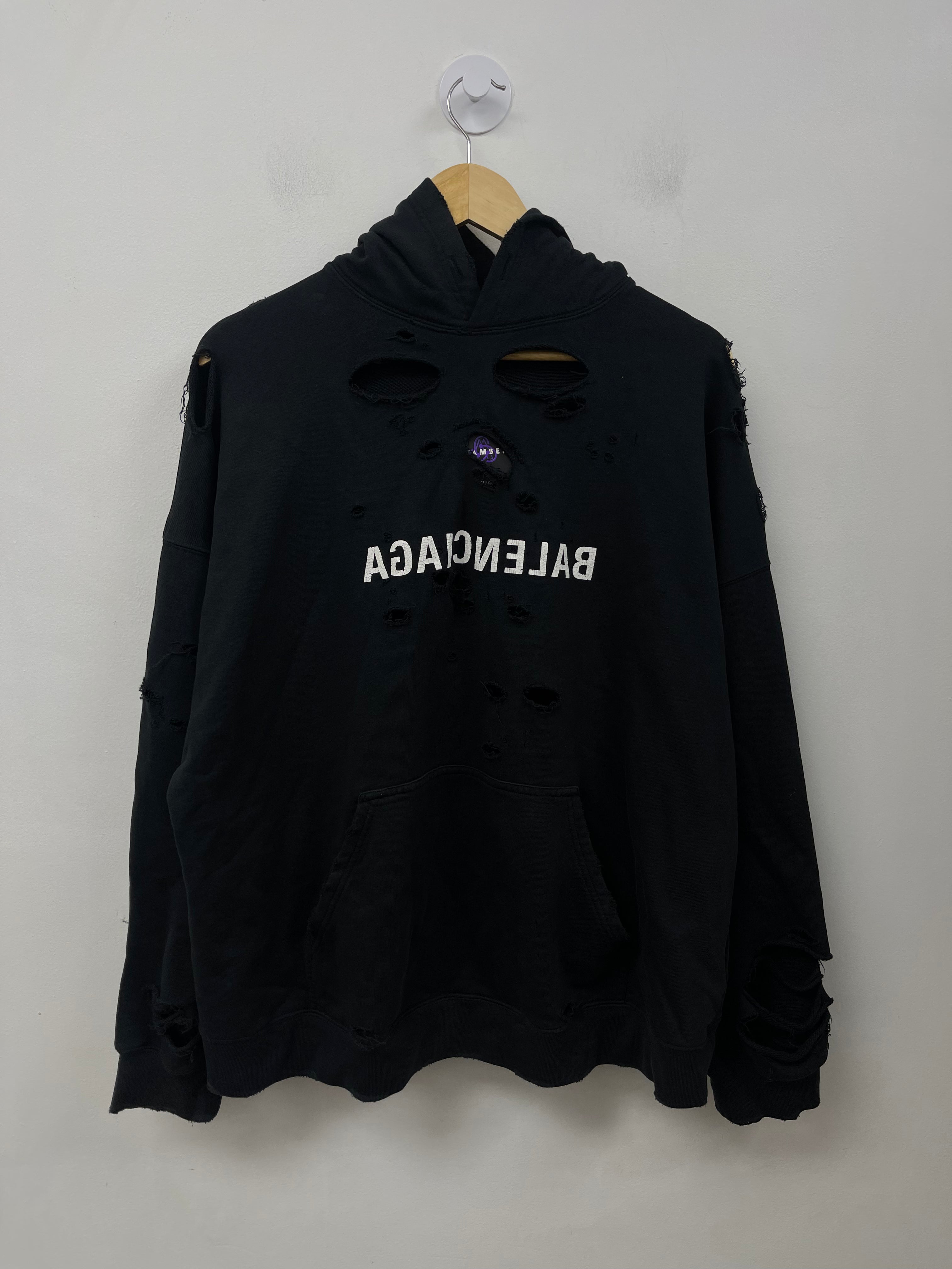 Balenciaga Black Distressed Inverse Logo Hoodie