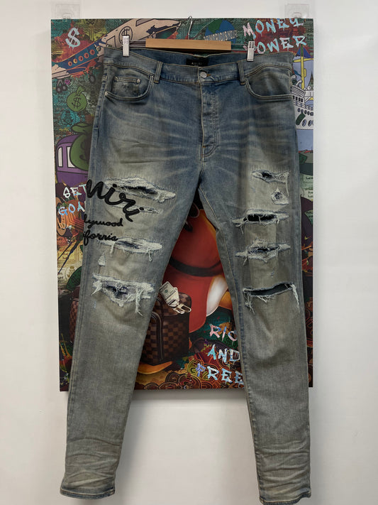 Amiri Light Wash Leather Hollywood Side Logo Jeans