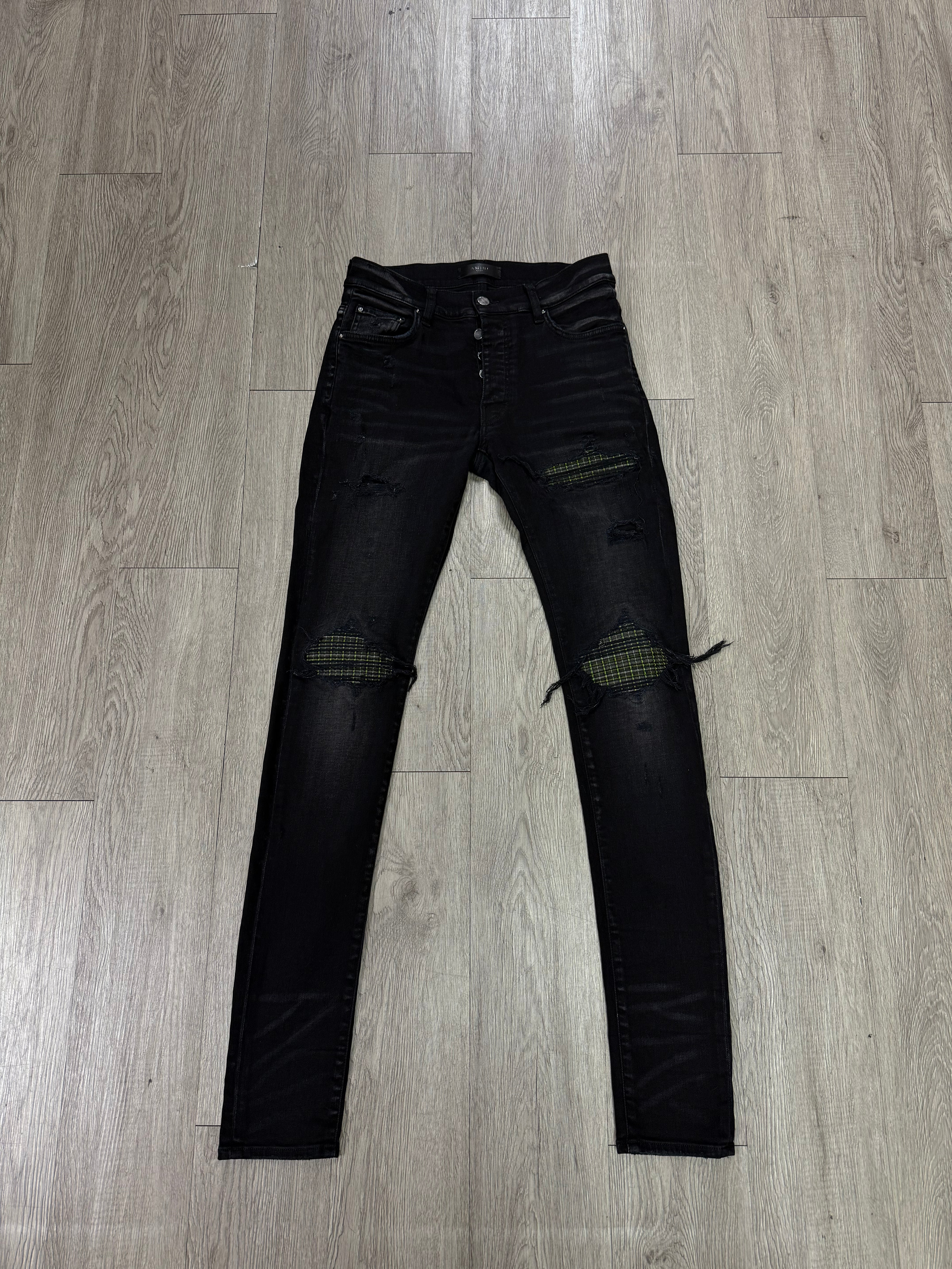 Amiri MX1 Olive Green Plaid Patch Jeans