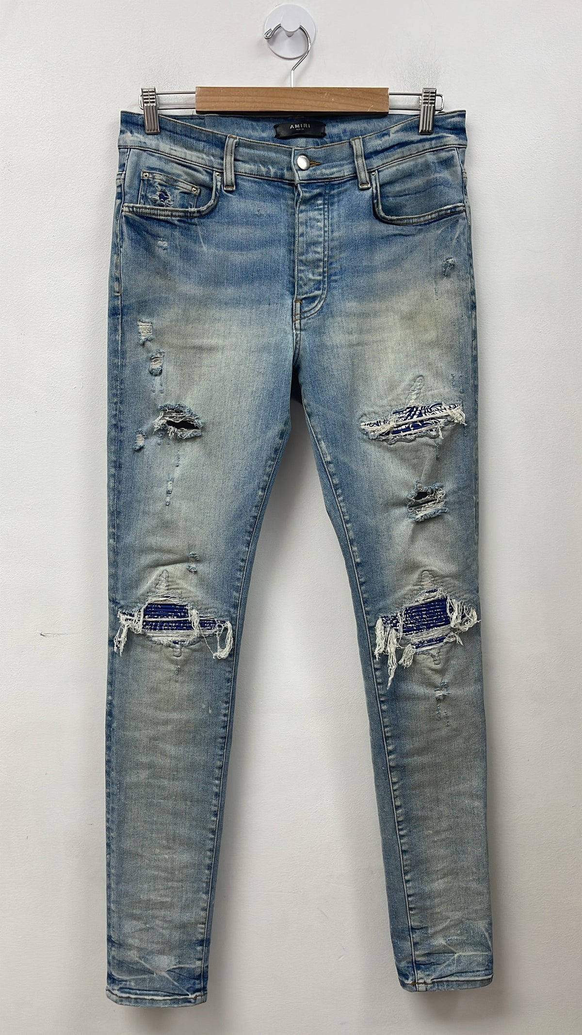 Amiri MX1 Light Wash Blue Paisley Patch Jeans