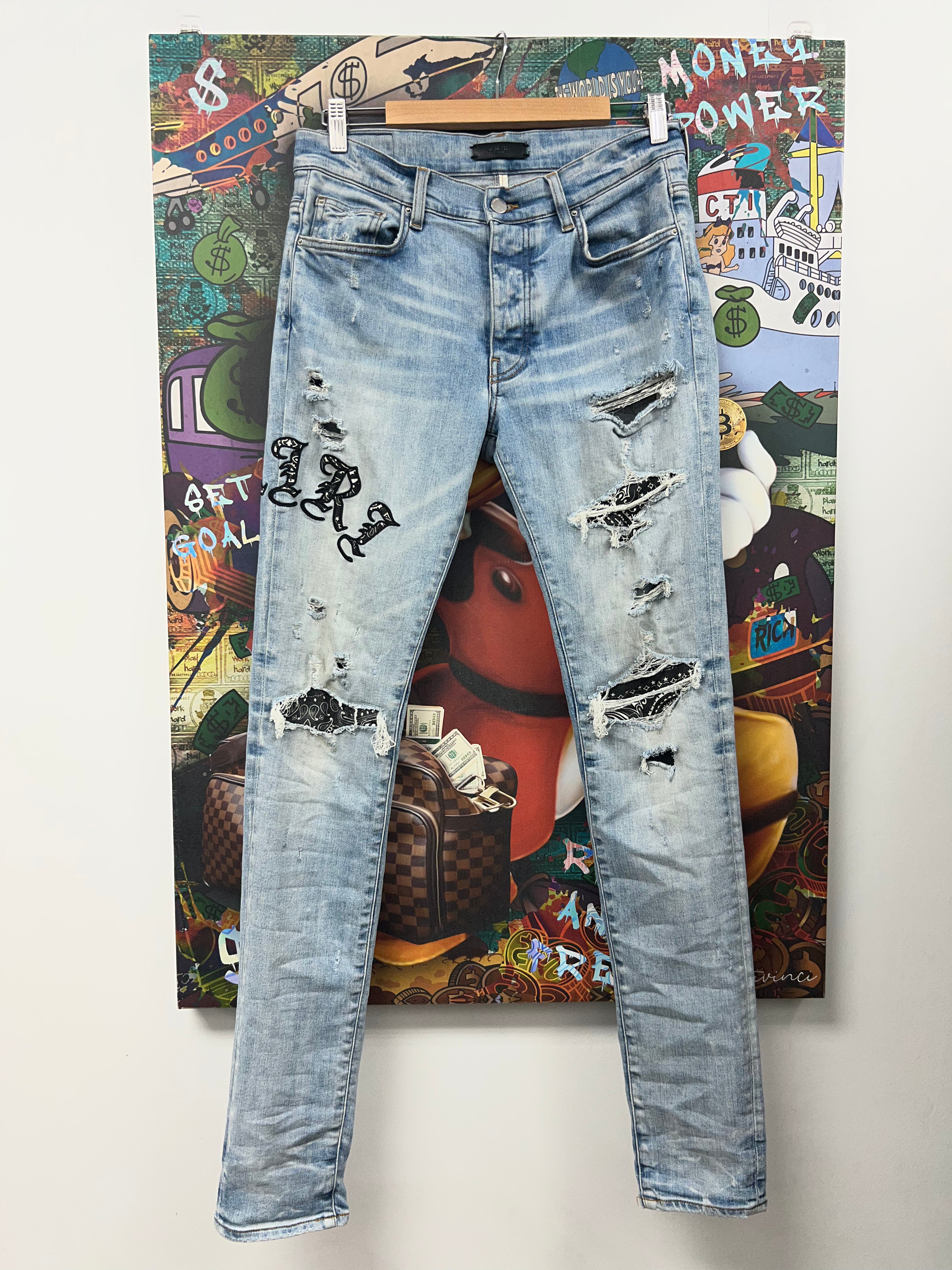 Amiri Light Wash Paisley Old English Jeans