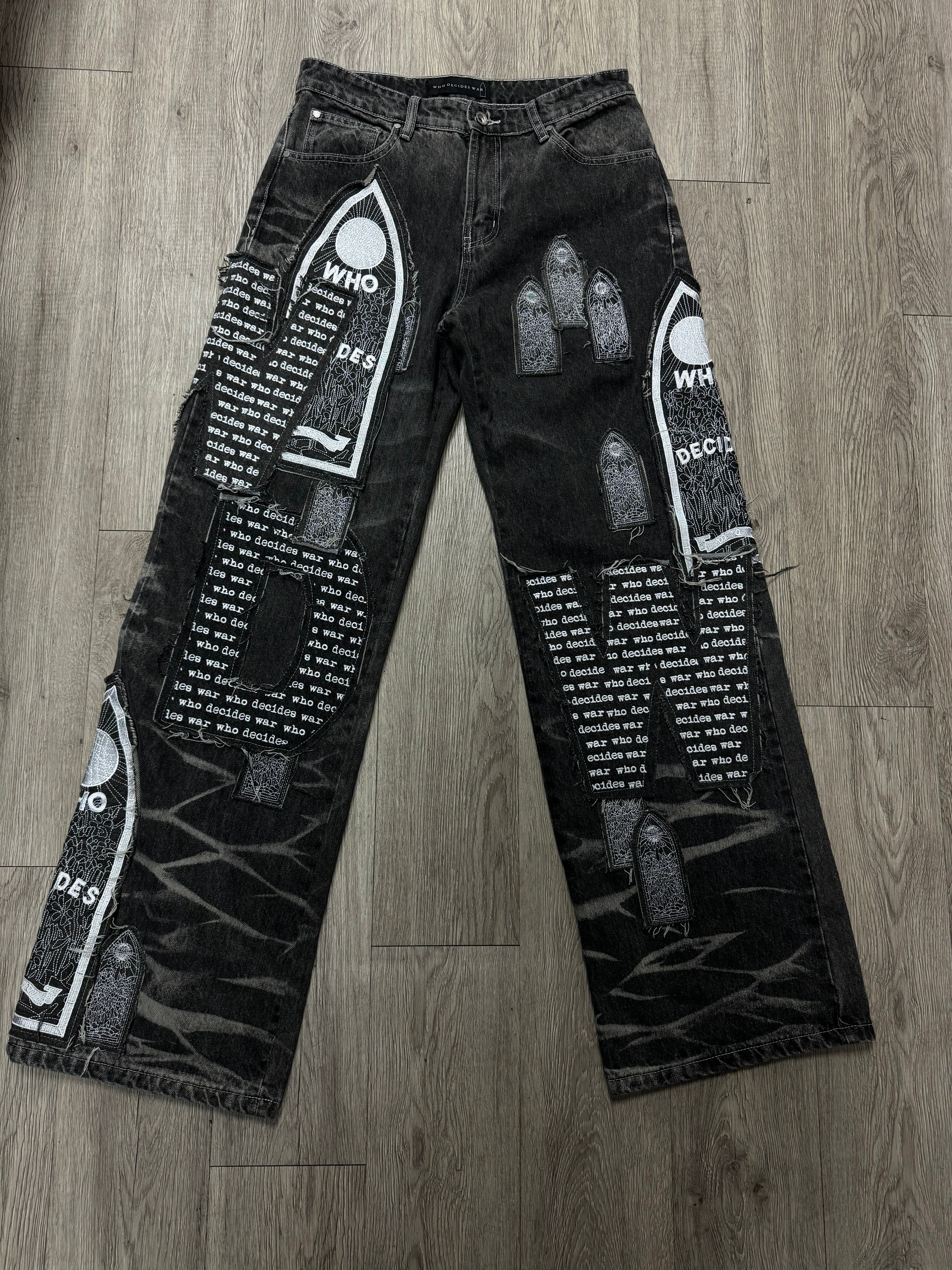 Who Decides War Motif Patched Denim Jeans