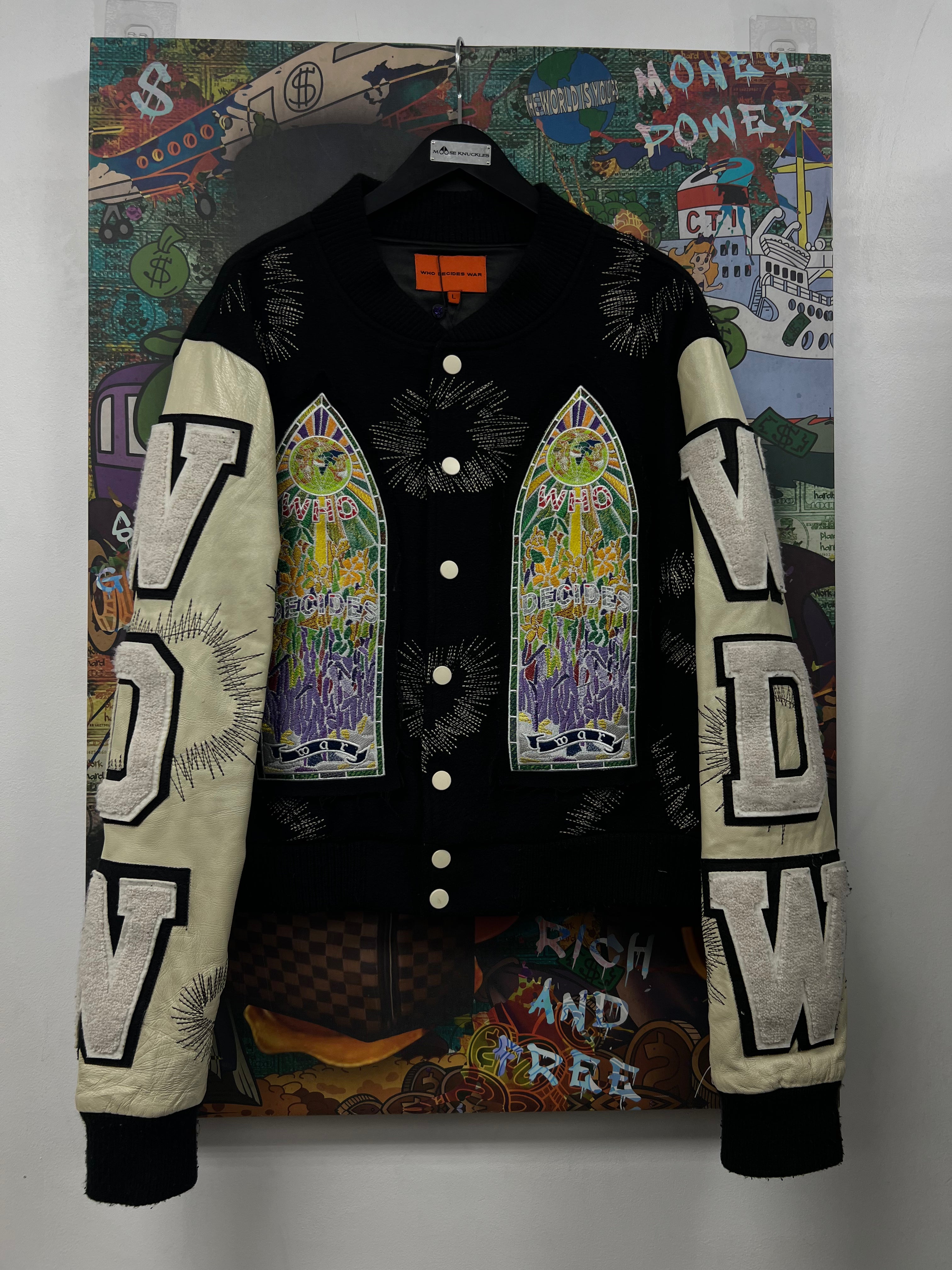 Who Decides War Black Cream Flame Heart Varsity Jacket