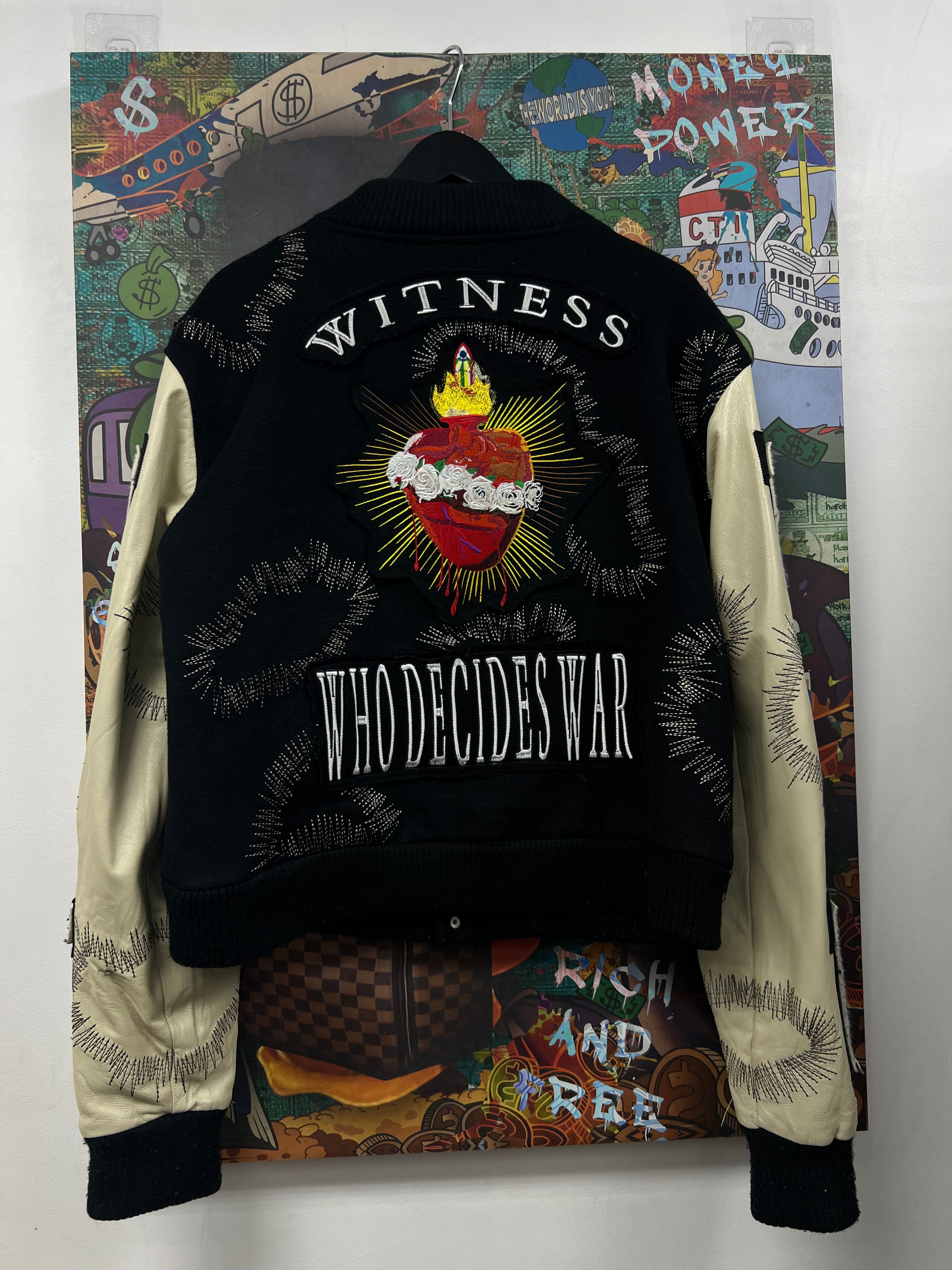 Who Decides War Black Cream Flame Heart Varsity Jacket