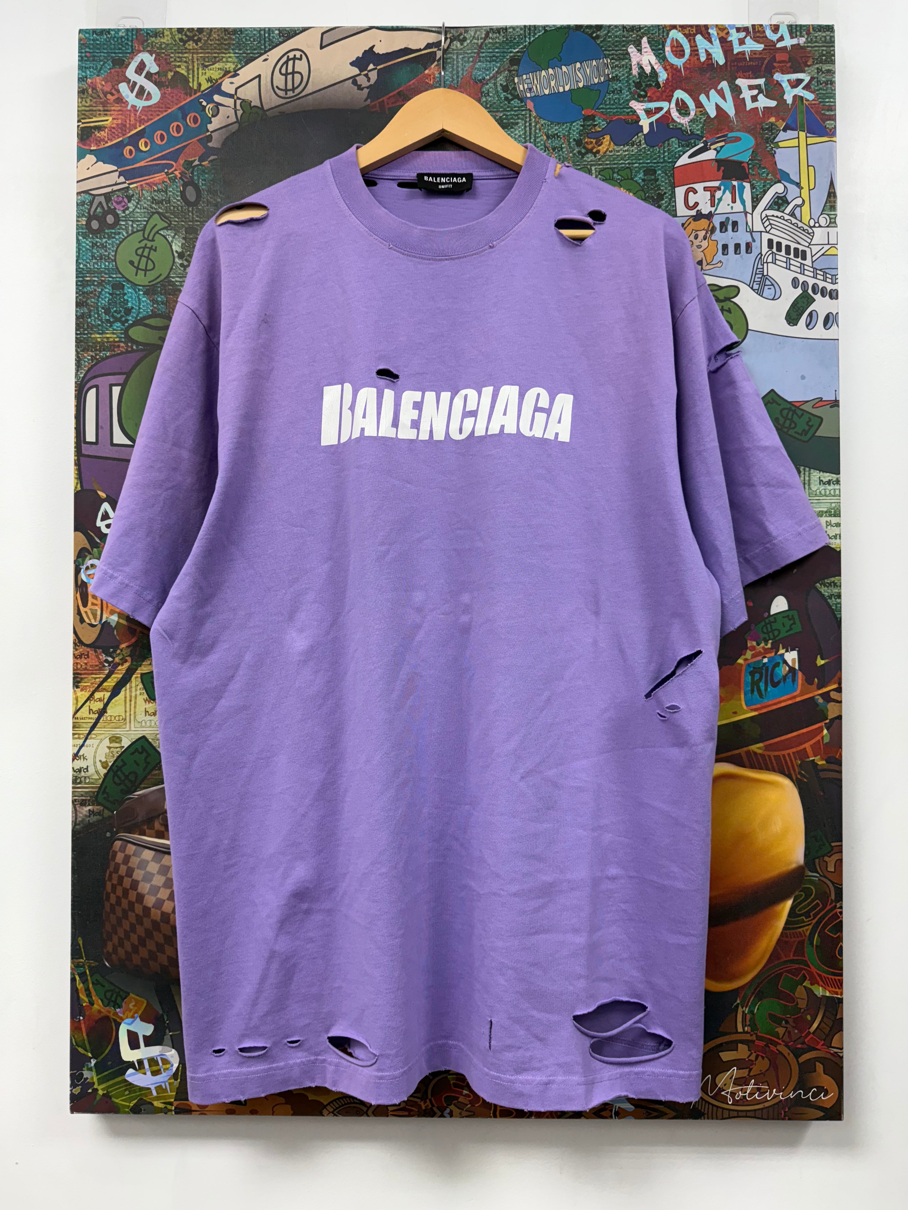 Balenciaga Purple White Distressed Logo Tee