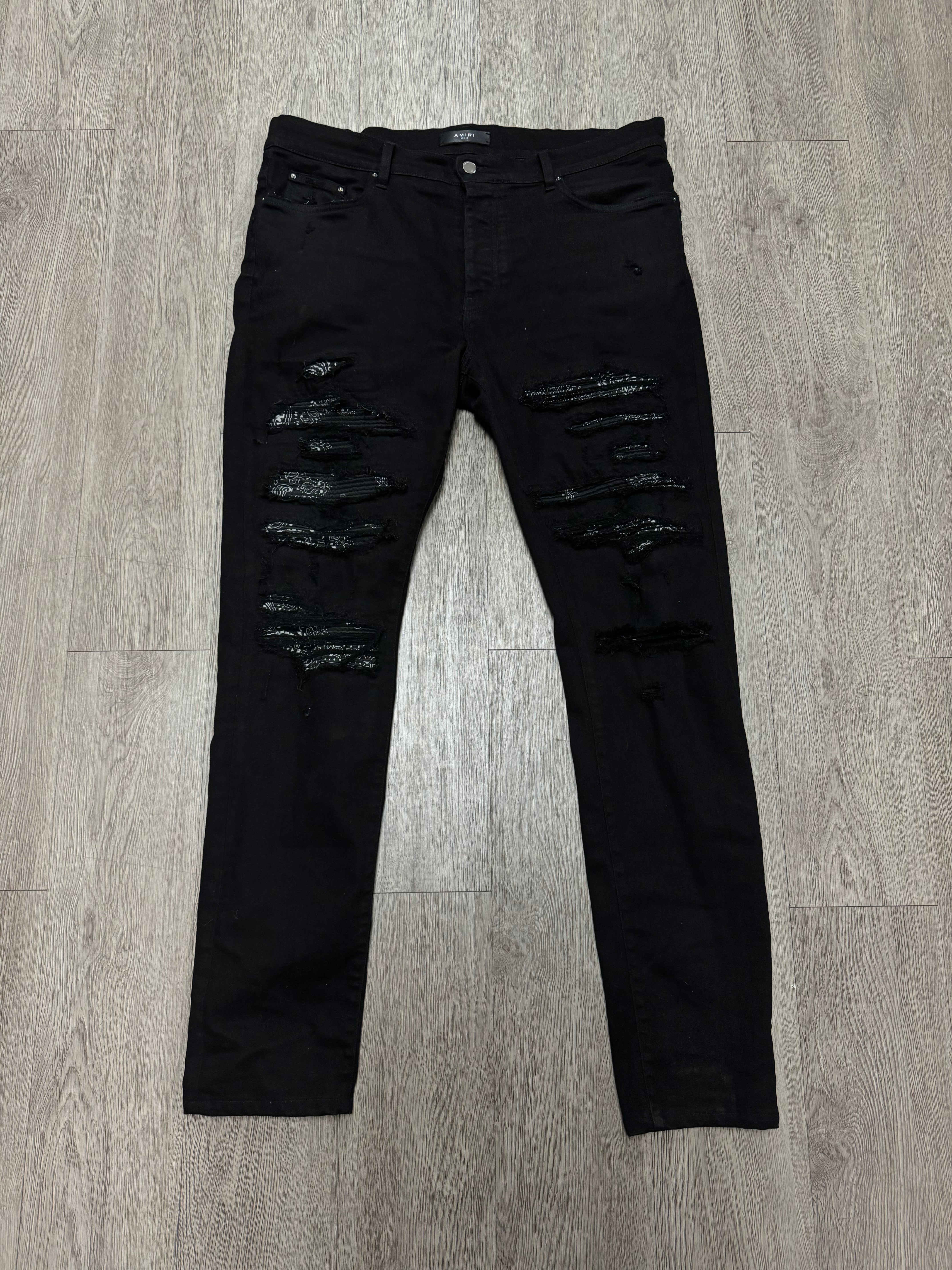 Amiri Black Paisley Thrasher Patch Jeans