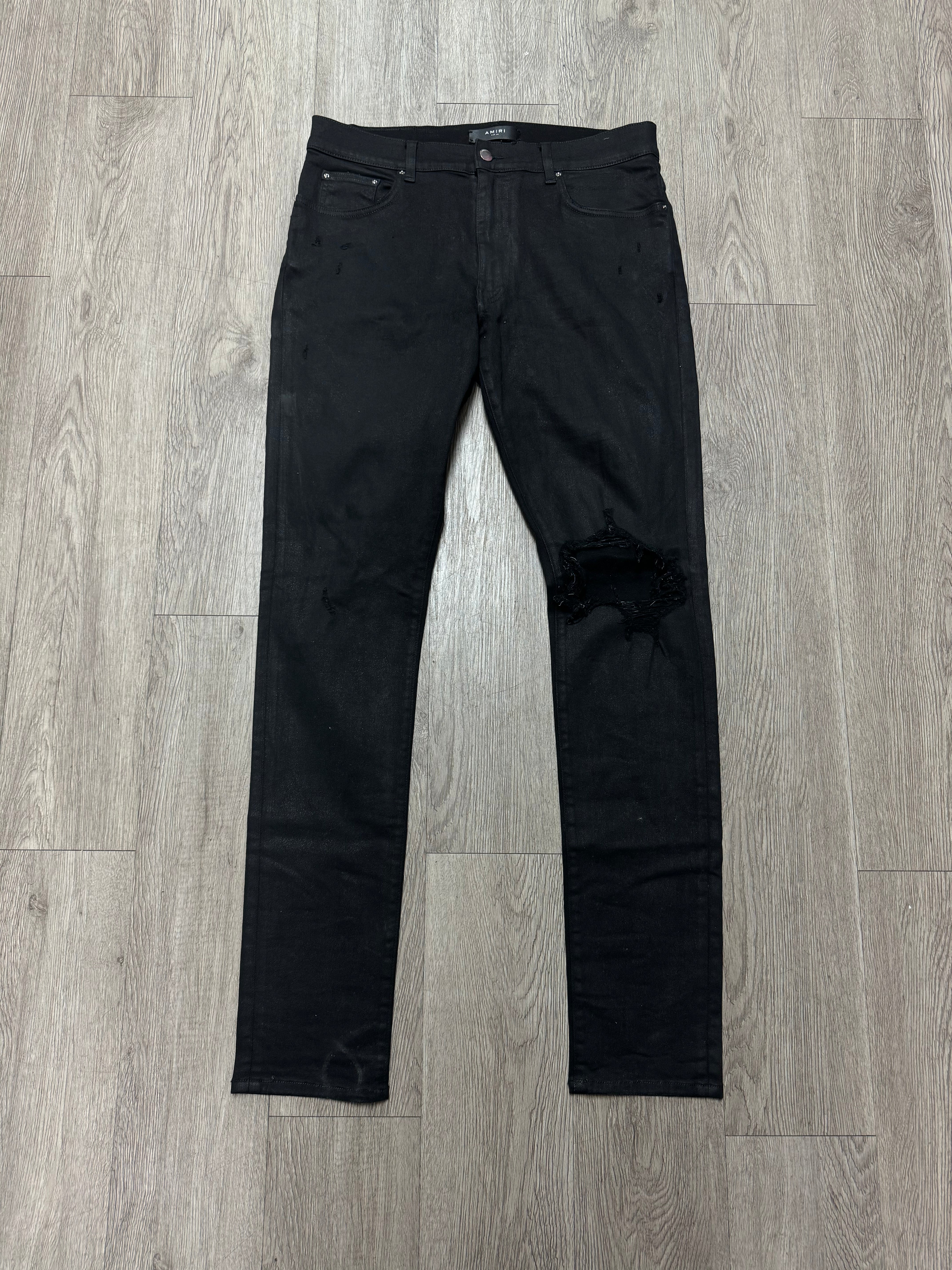 Amiri Black Wax Plain Thrasher Ripped Jeans