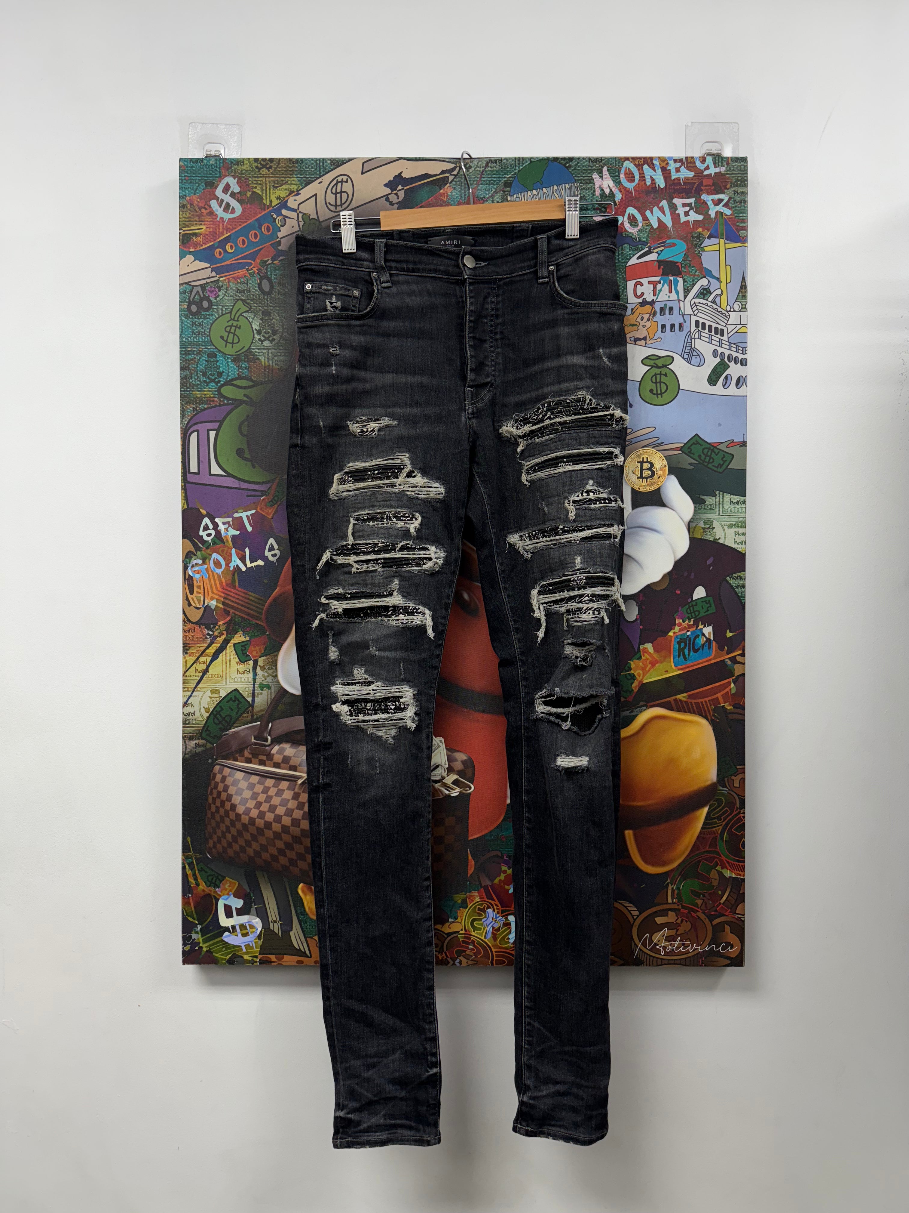 Amiri Grey Black Paisley Thrasher Patch\ Jeans