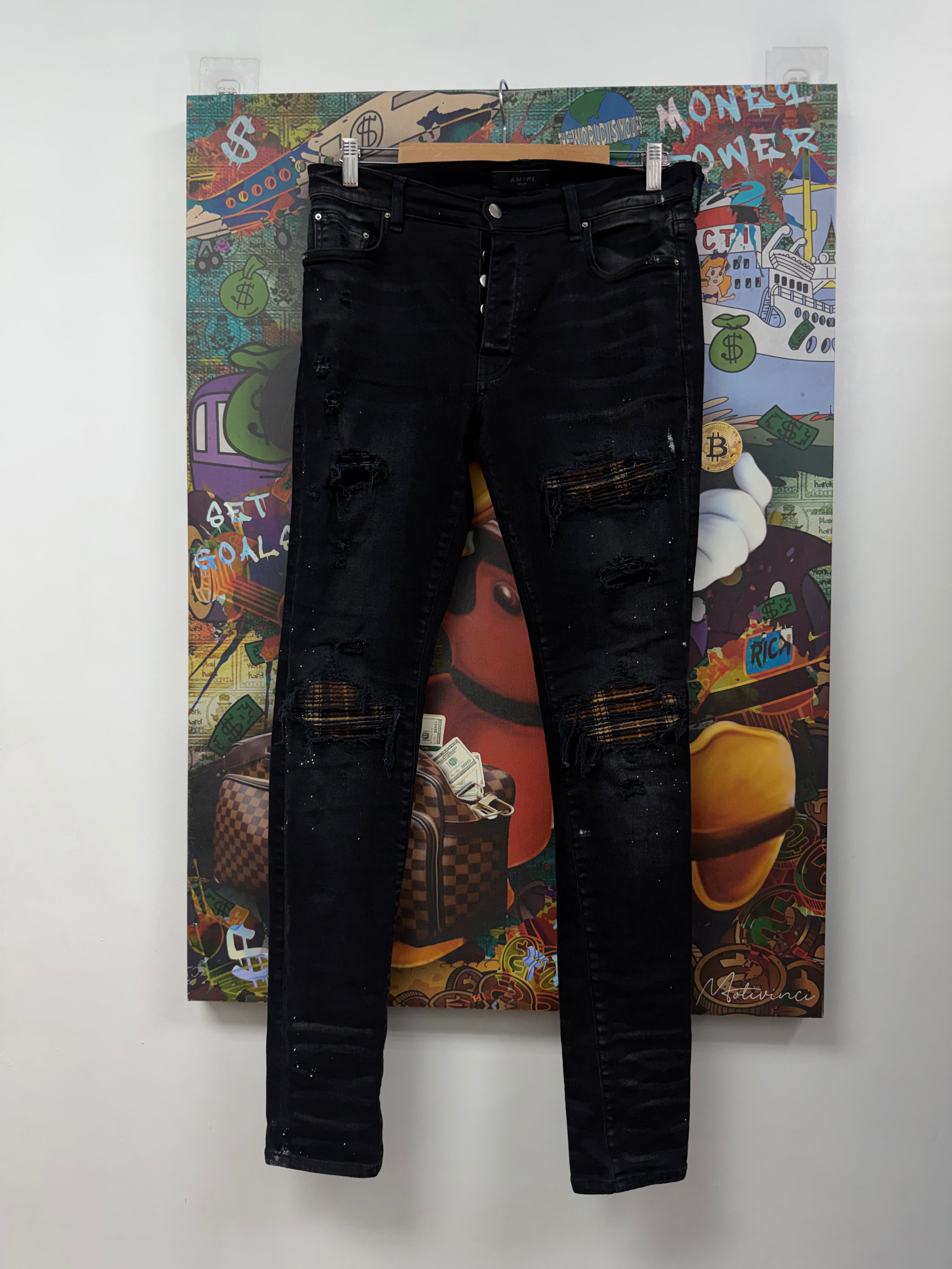 Amiri Mx1 Black Brown Plaid Patch Jeans