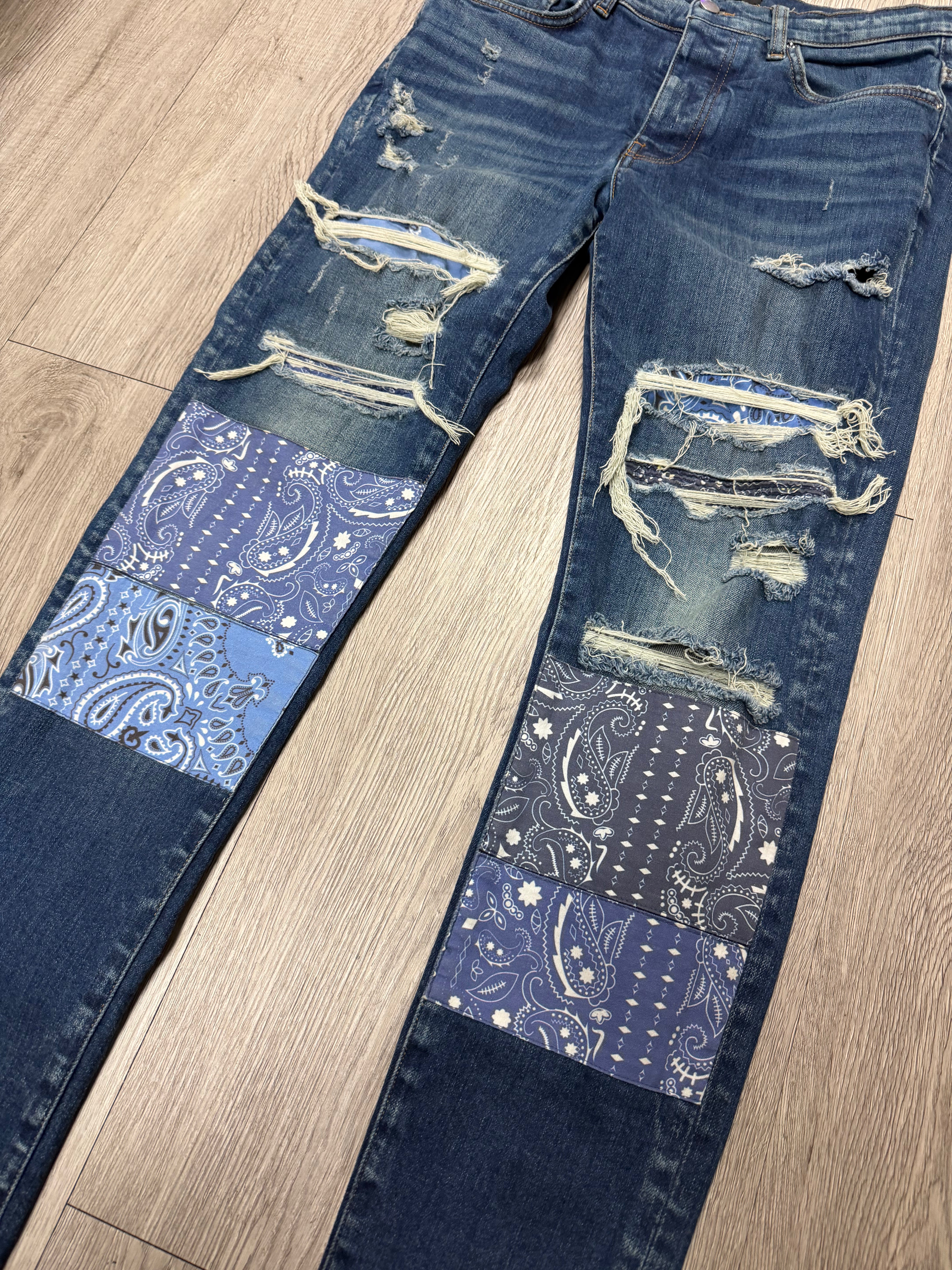 Amiri Dark Wash Blue Paisley Patchwork Jeans
