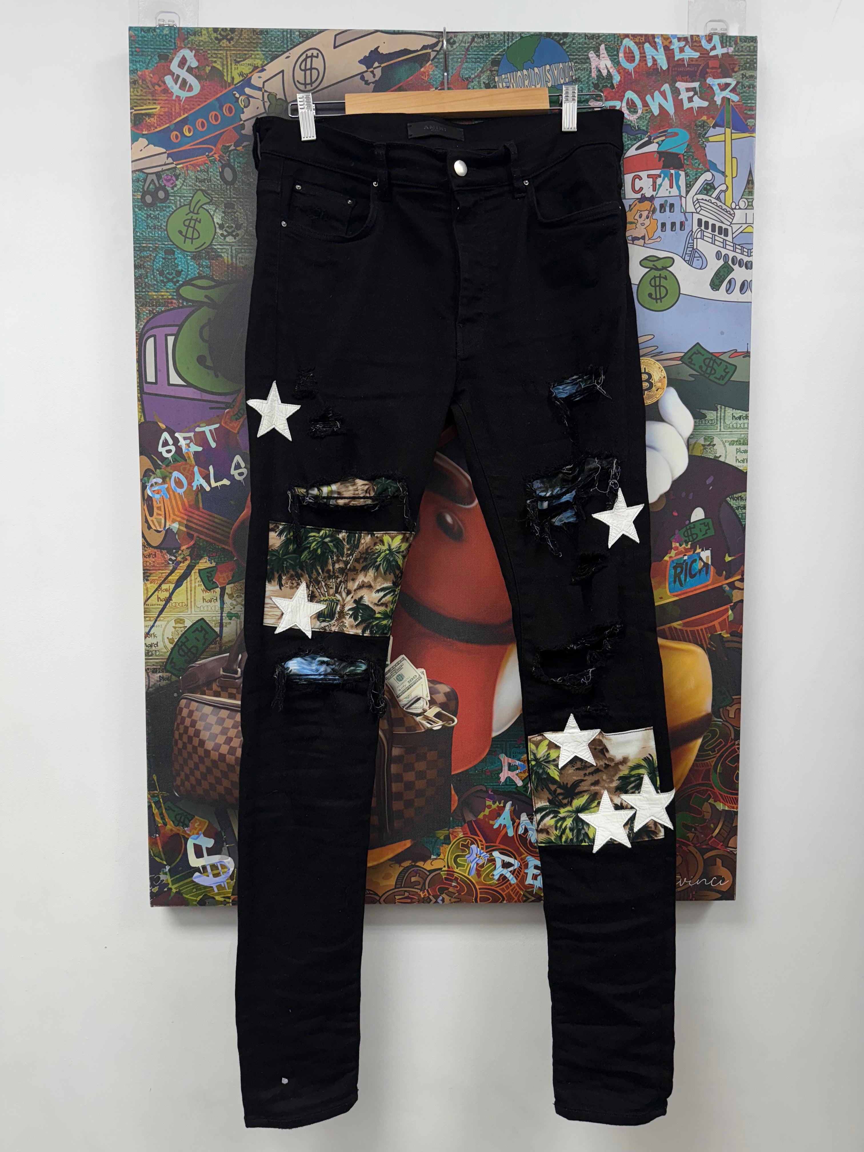 Amiri Black Aloha Star Patchwork Jeans