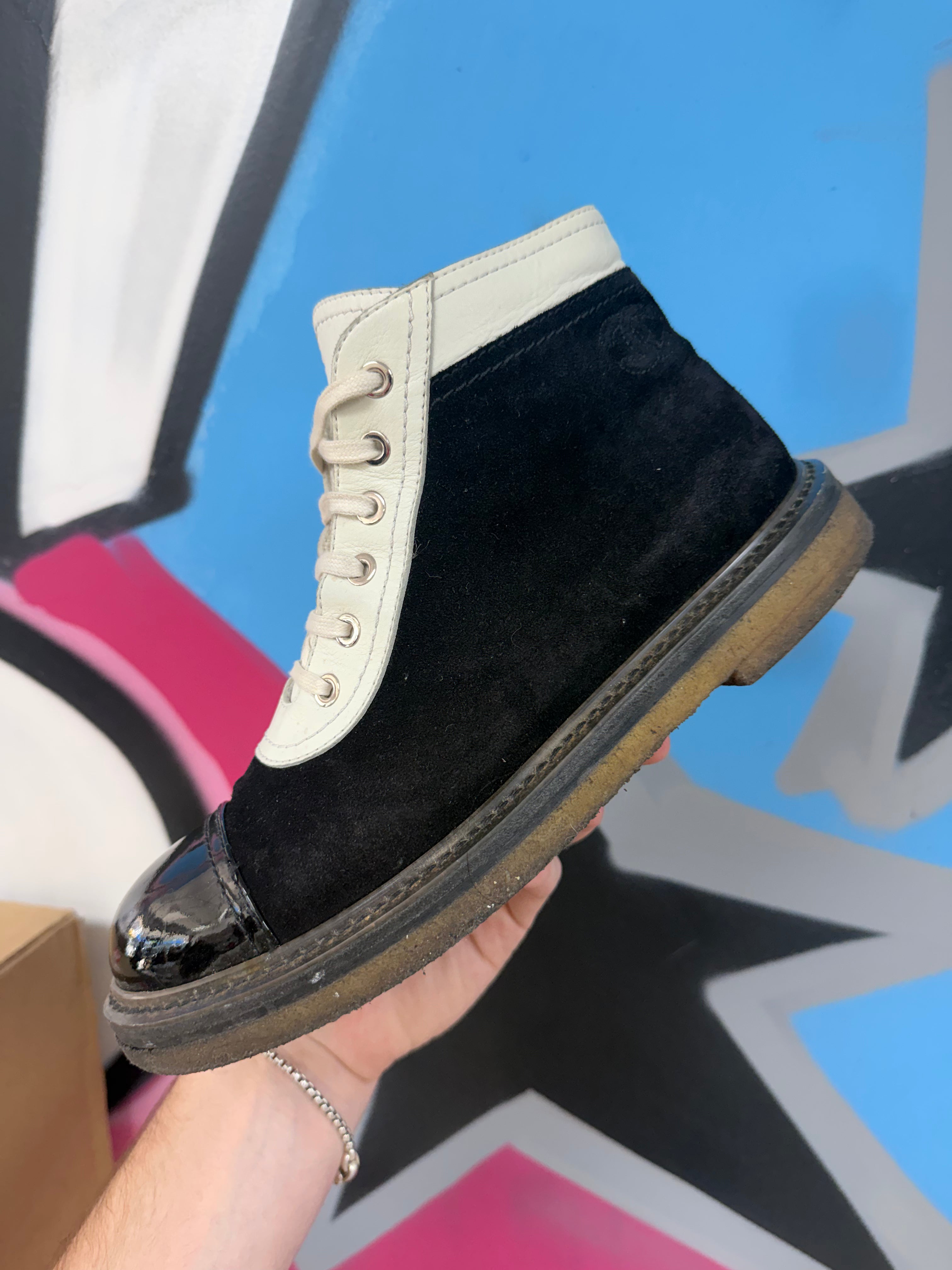 Chanel Black Gold Lame Fabric Leather C Cap Toe Ankle Boot Sneakers