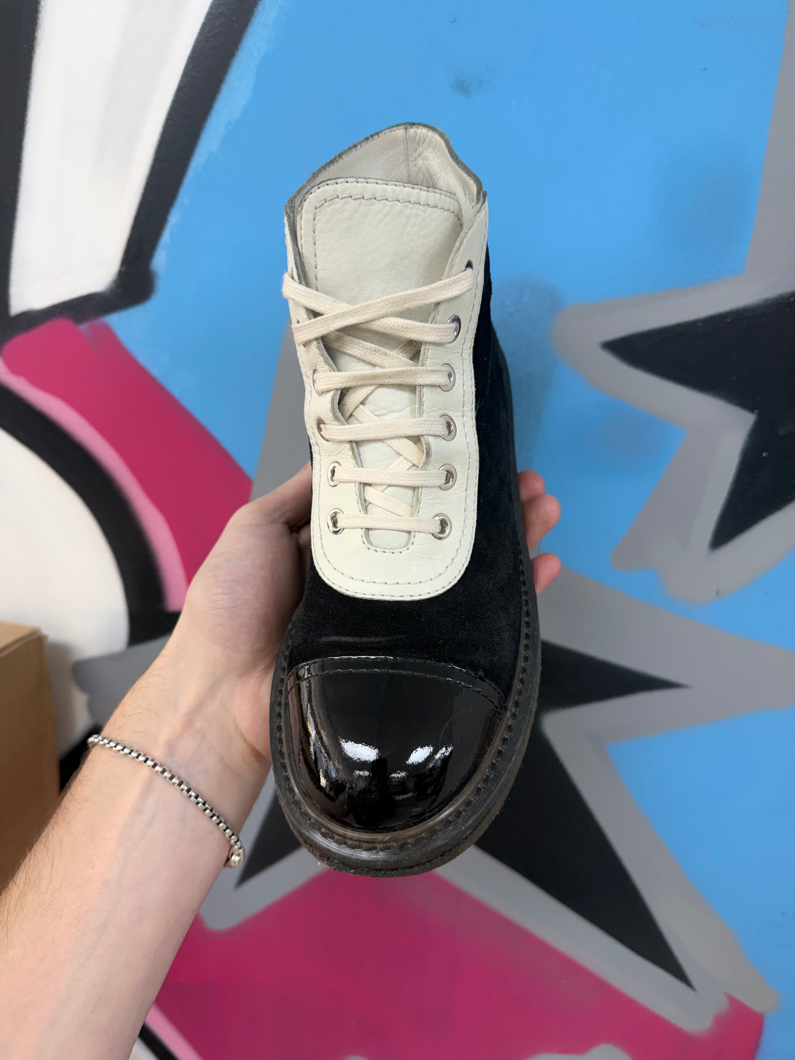 Chanel Black Gold Lame Fabric Leather C Cap Toe Ankle Boot Sneakers