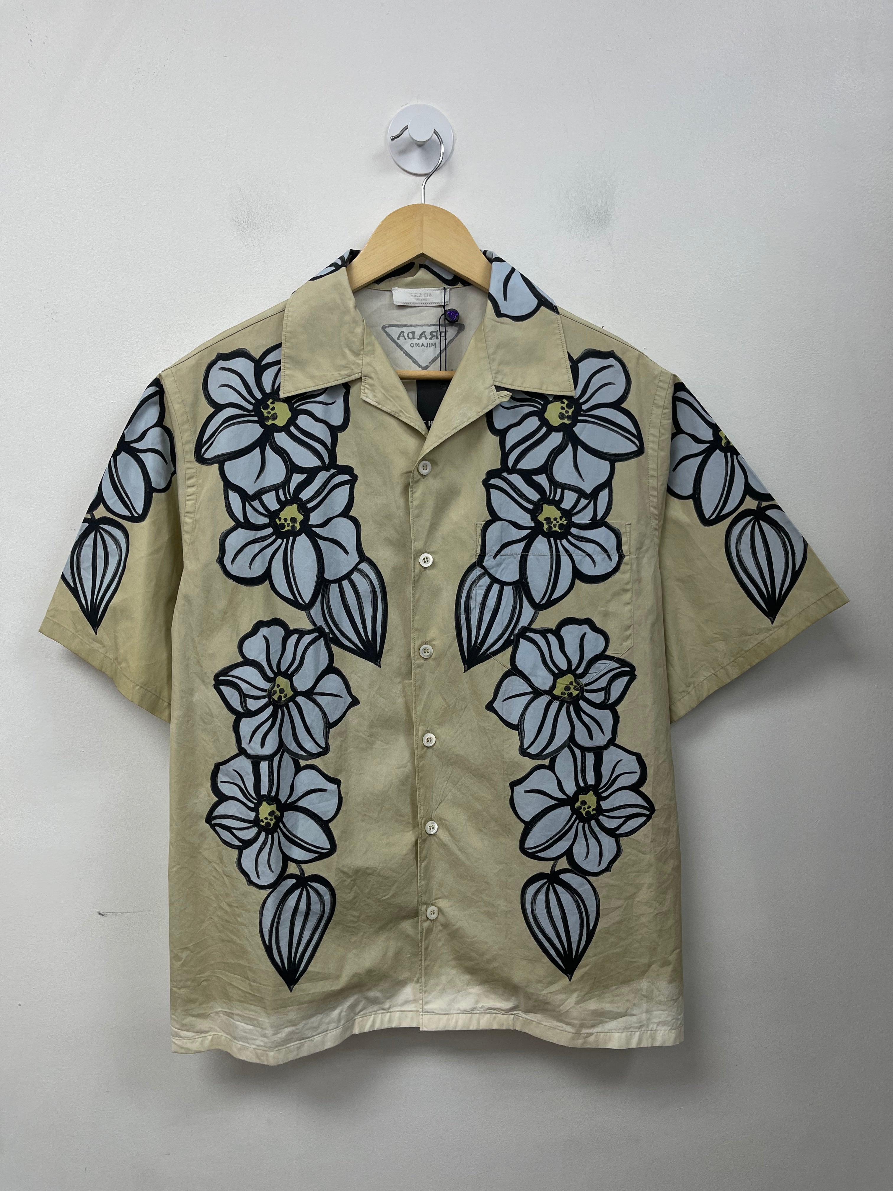 Prada Tan Baby Blue Floral Button Up Shirt