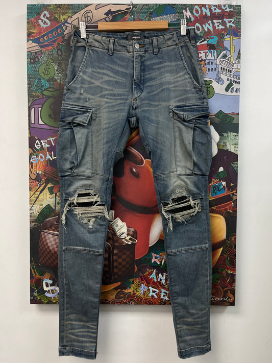 Amiri Light Wash Black Patch Cargo Pants