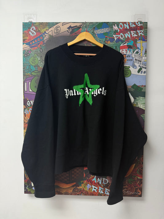 Palm Angels Black Chest Logo Star Green Crewneck