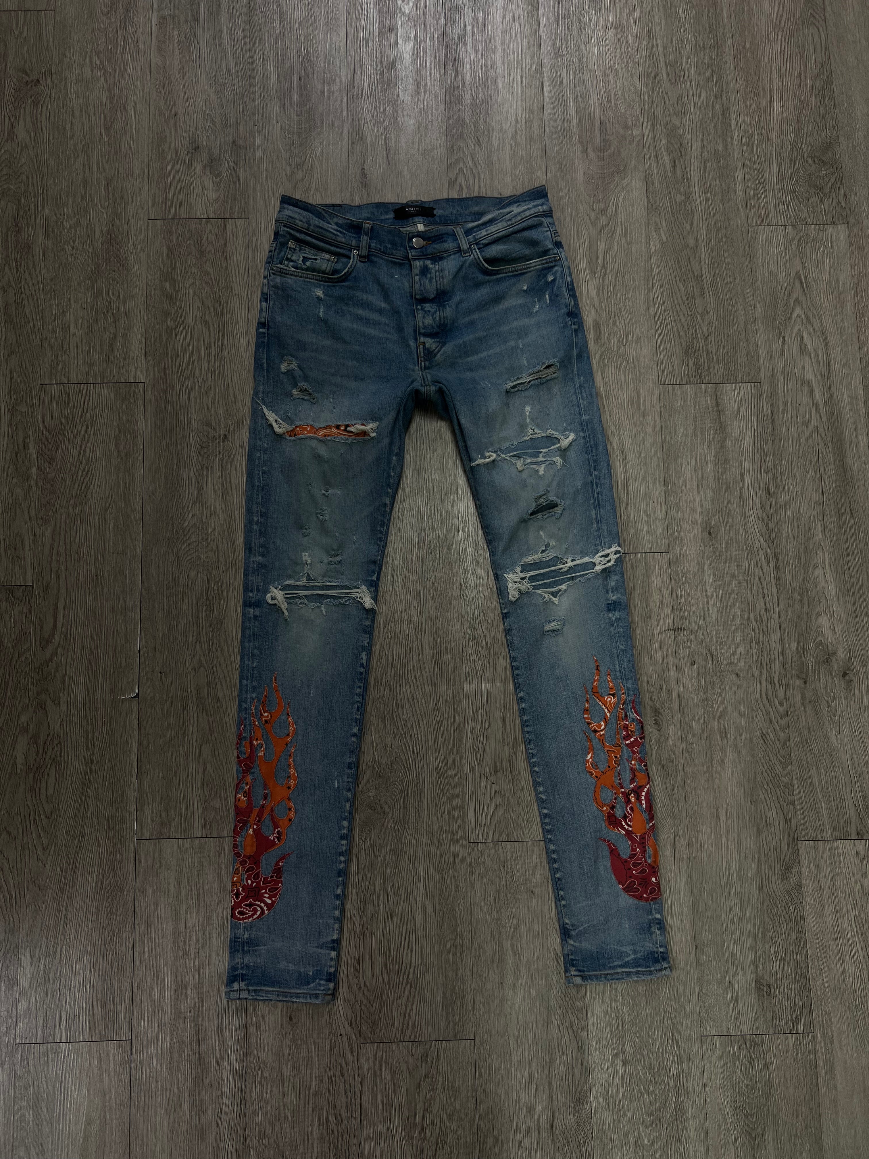 Amiri Light Wash Orange Bandana Flames Jeans