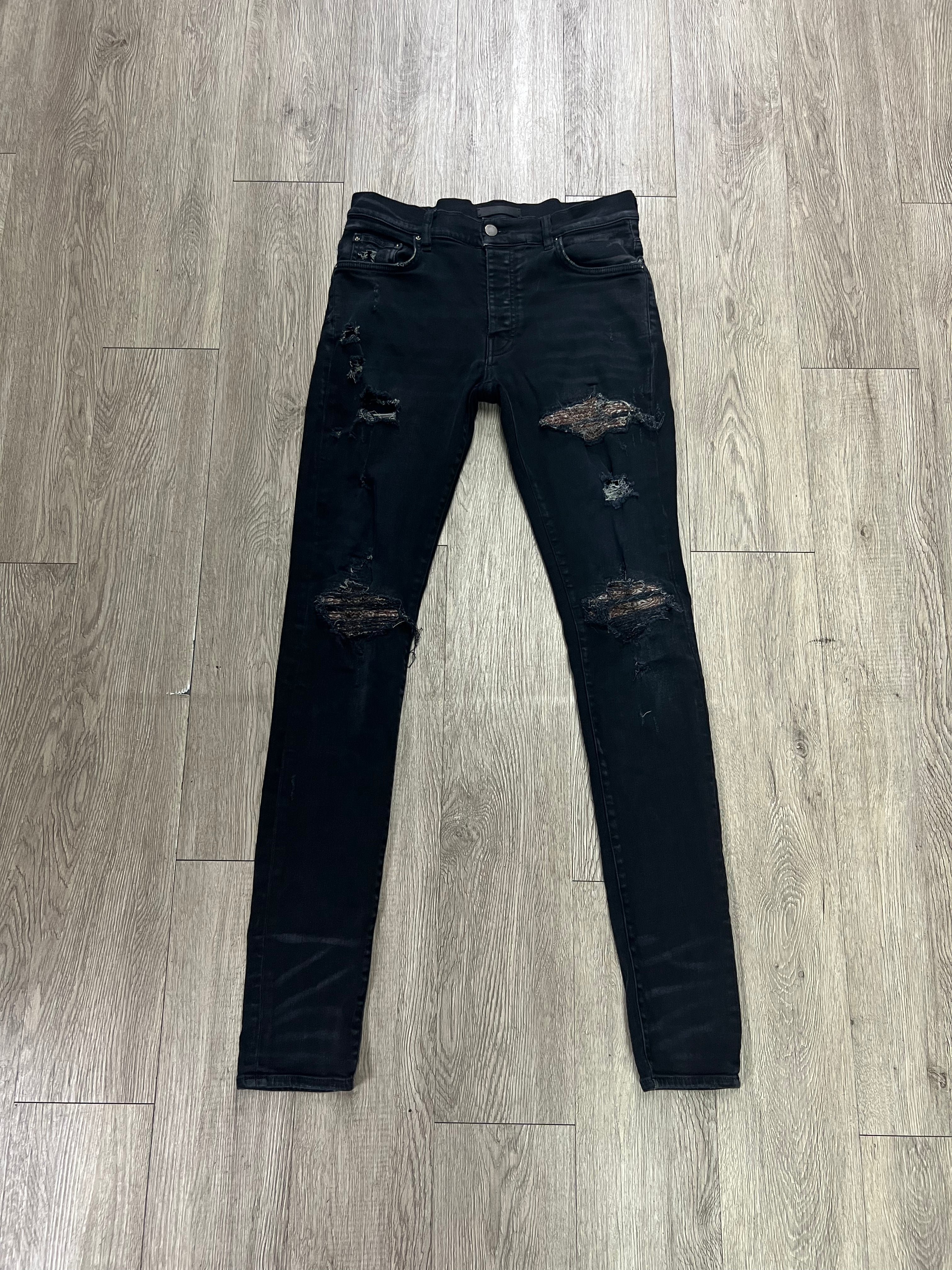 Amiri MX1 Black Wash Brown Paisley Patch Jeans