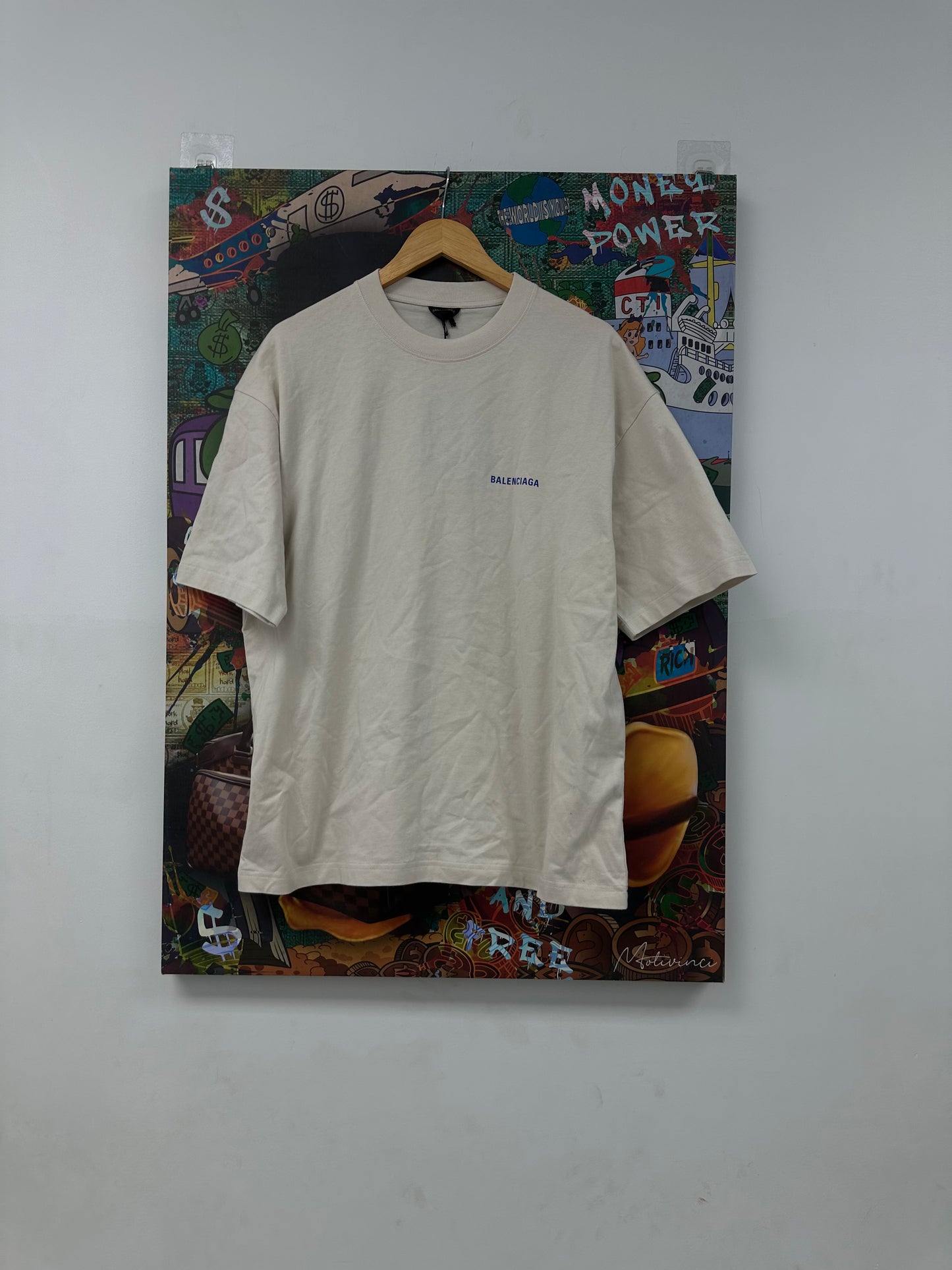 Balenciaga Classic Logo Tee Cream Blue New XL With Tags