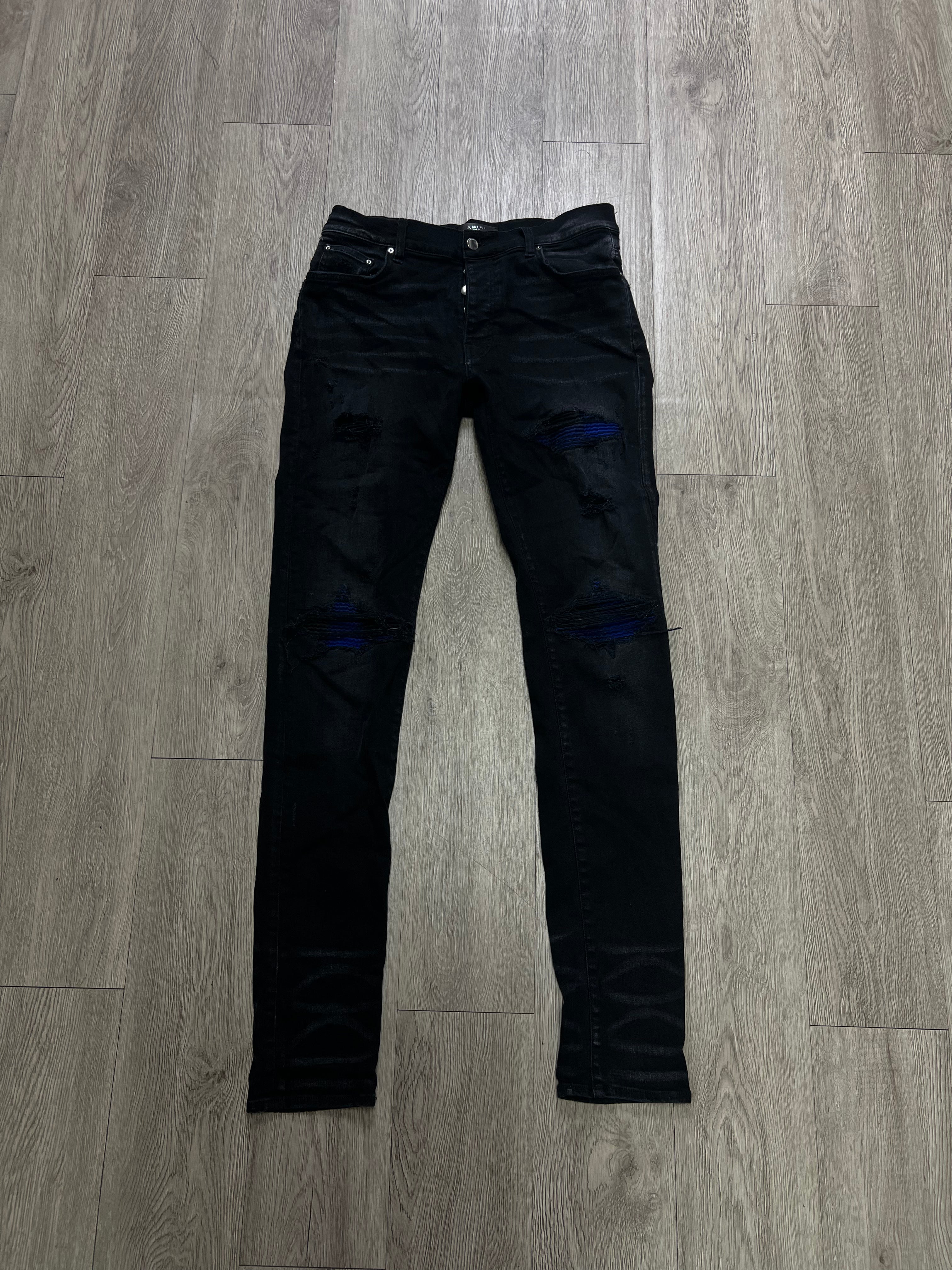 Amiri MX1 Black Wash Blue Black Plaid Patch Jeans