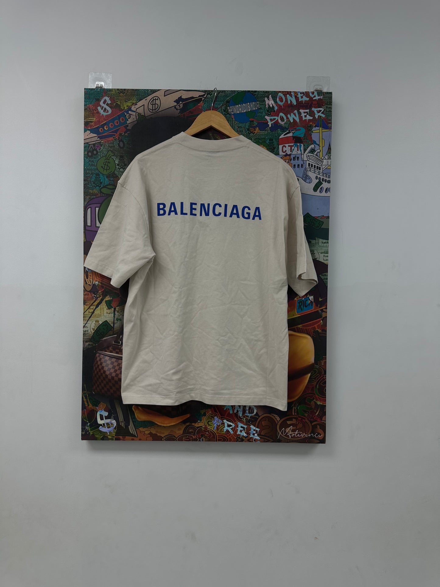 Balenciaga Classic Logo Tee Cream Blue New XL With Tags