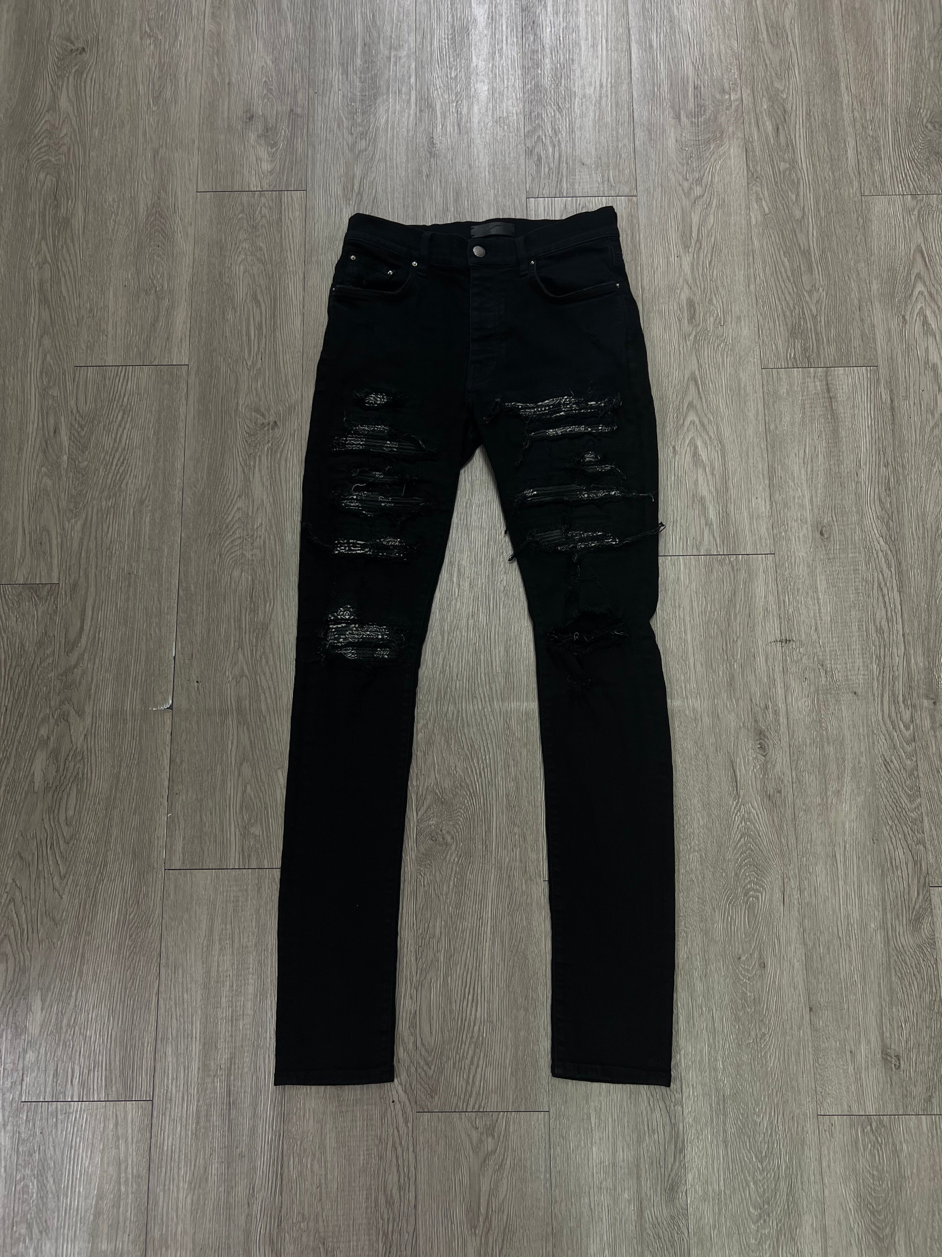Amiri Black Paisley Thrasher Patch Jeans