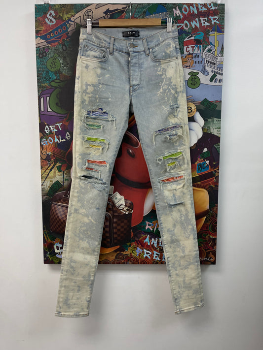 Amiri Bleach Wash Multi Swarovski Thrasher Patch Jeans