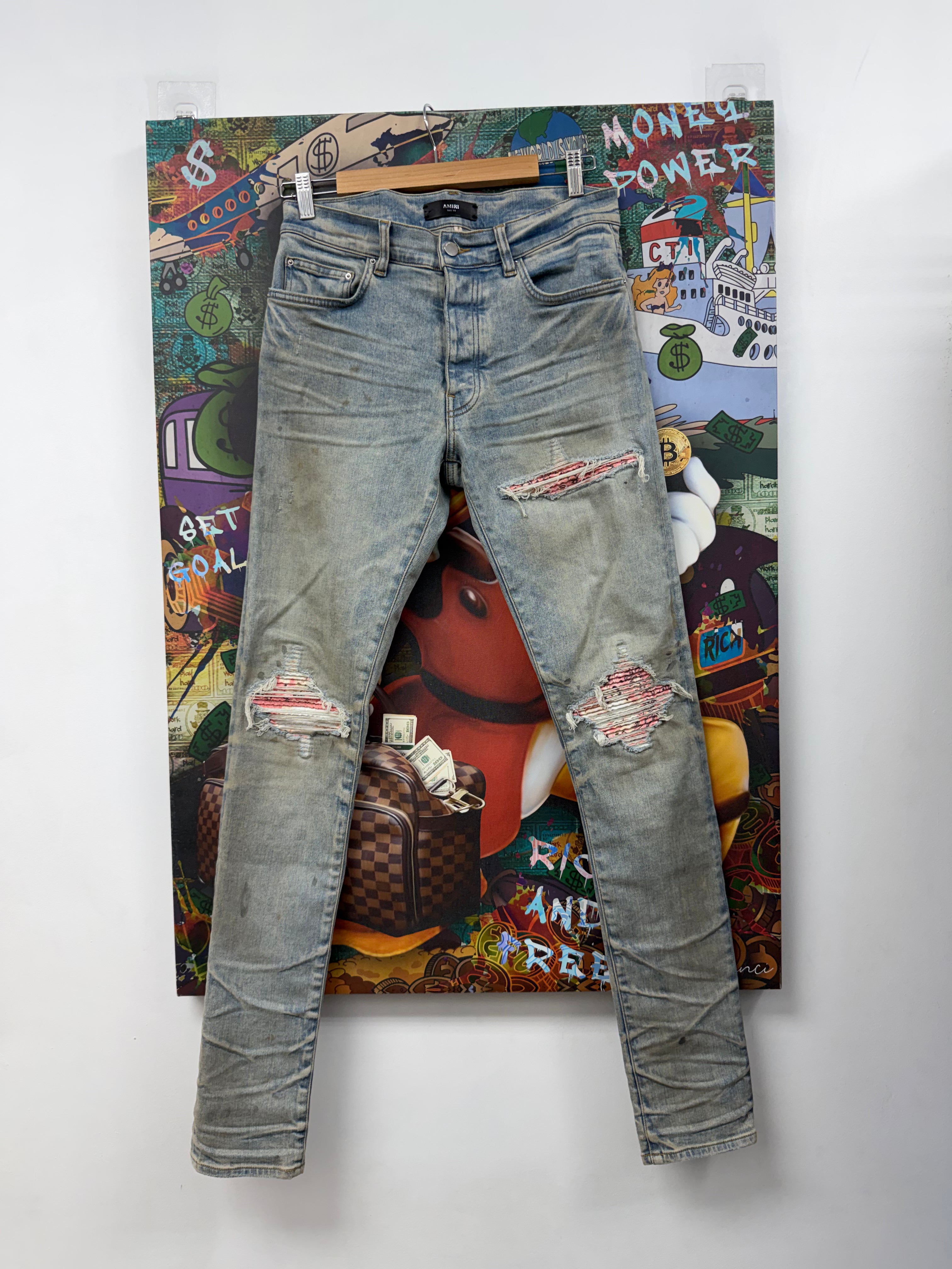 Amiri Dirty Wash Pink Paisley Patch Jeans