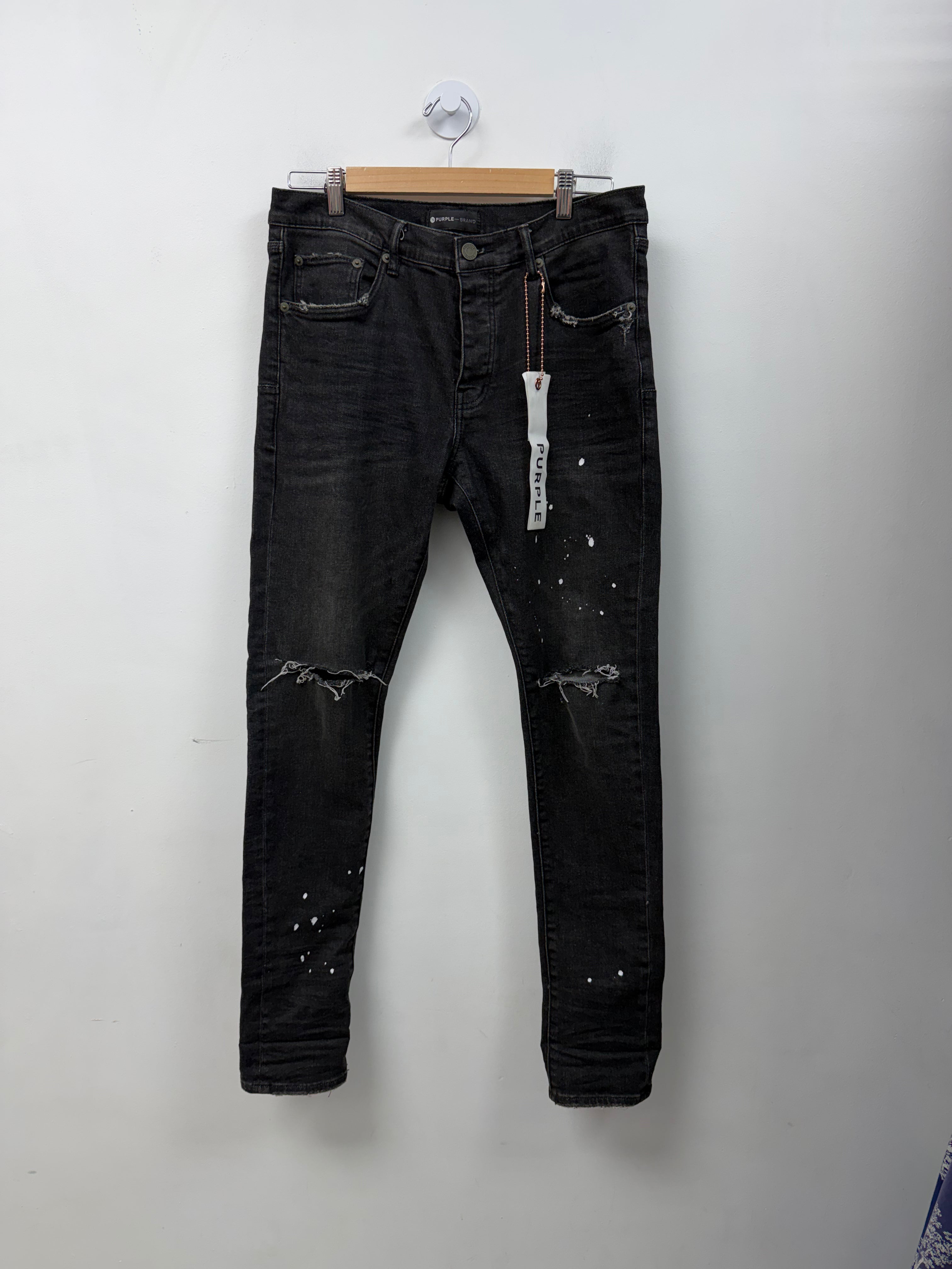 Purple Brand Black Wash Splatter Knee Ripped Jeans