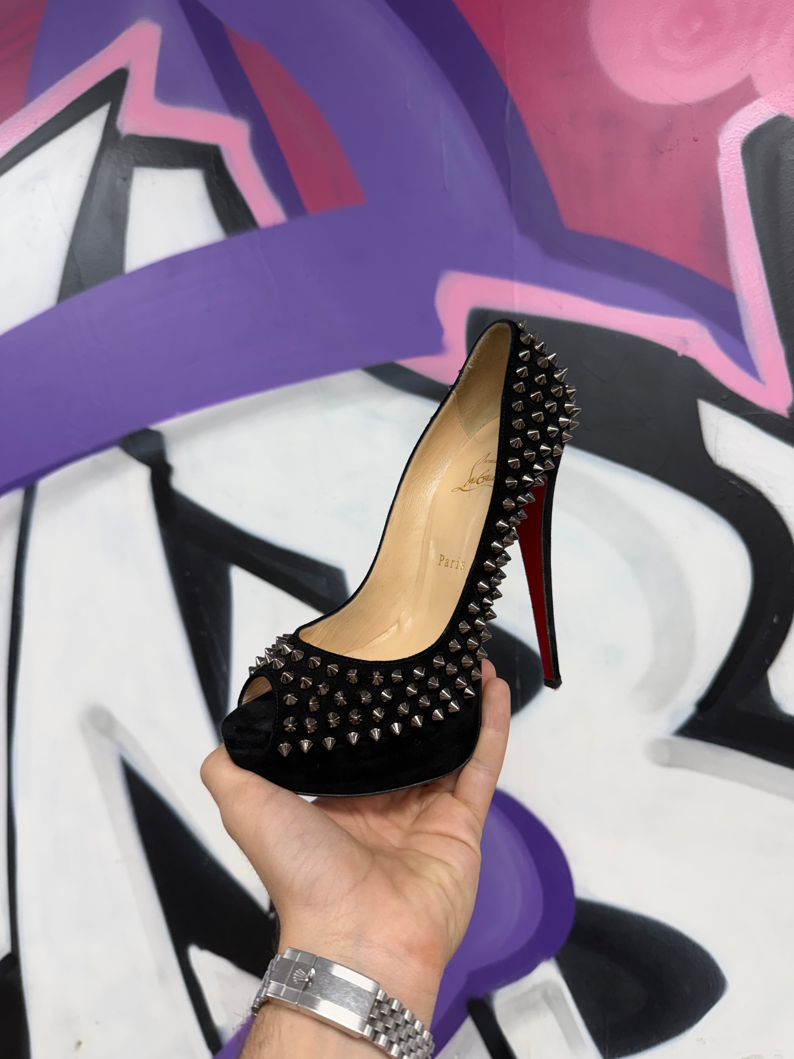 Christian Louboutin Black Spiked Lady Peep Heels