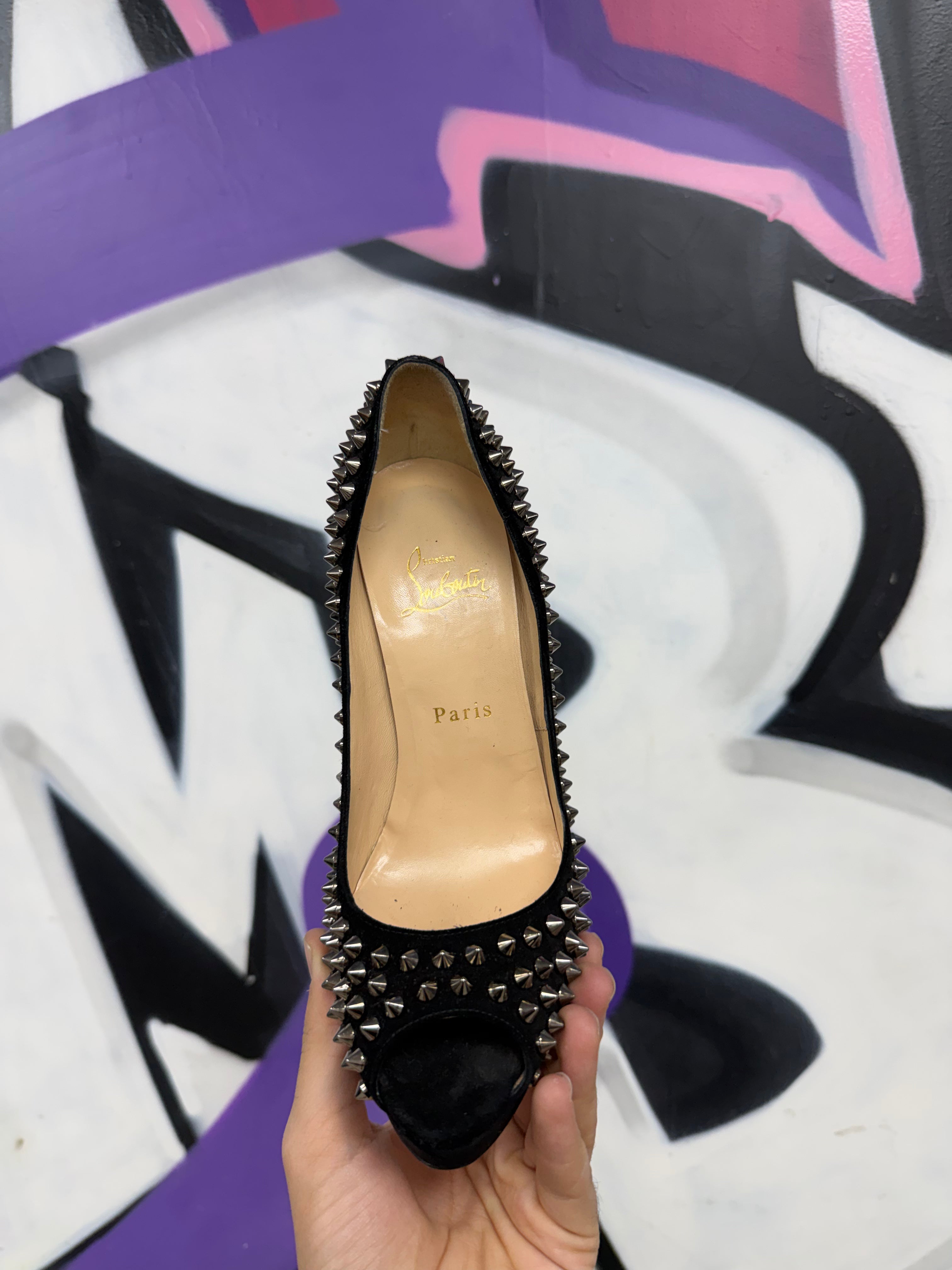 Christian Louboutin Black Spiked Lady Peep Heels